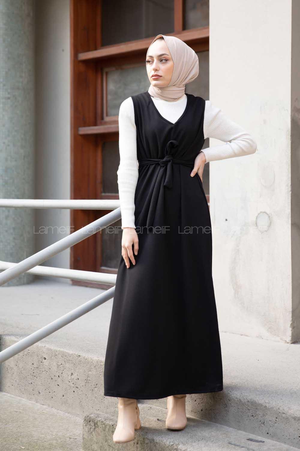 Modalamelif V Yaka Kuşaklı Jile Elbise Siyah