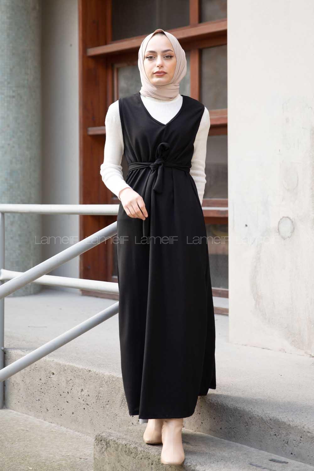Modalamelif V Yaka Kuşaklı Jile Elbise Siyah