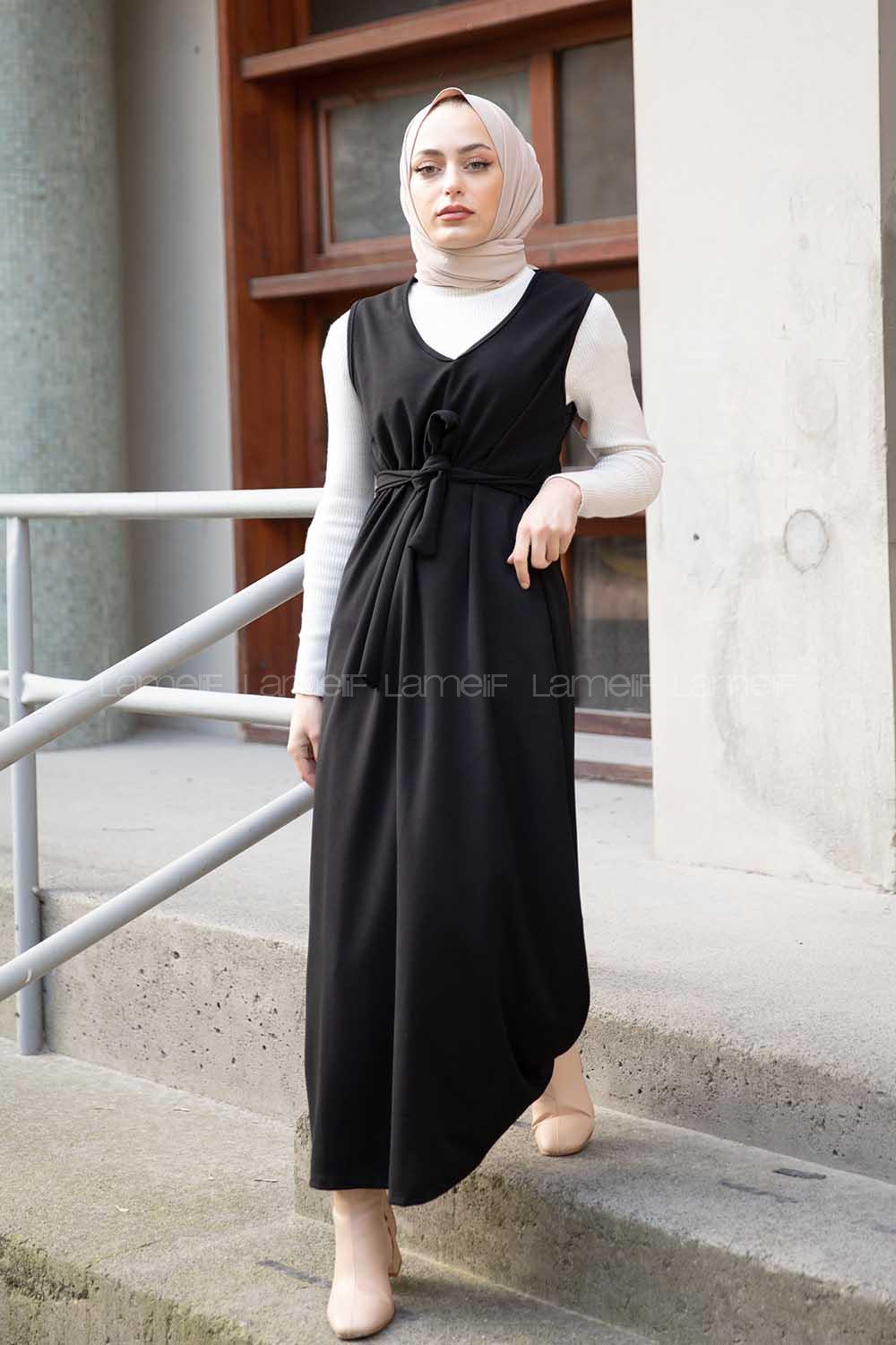 Modalamelif V Yaka Kuşaklı Jile Elbise Siyah