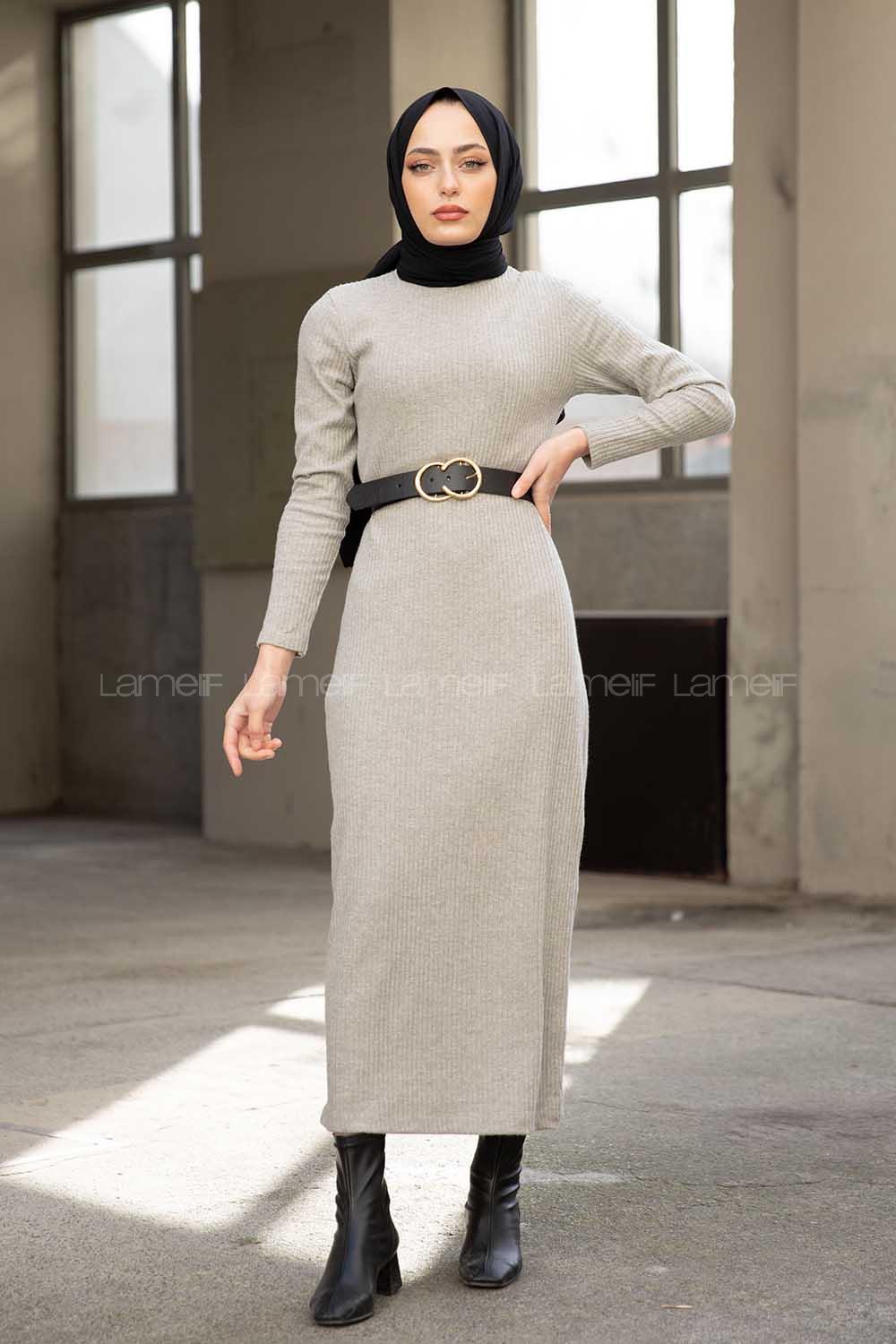 Modalamelif Gri Fitilli Triko Elbise