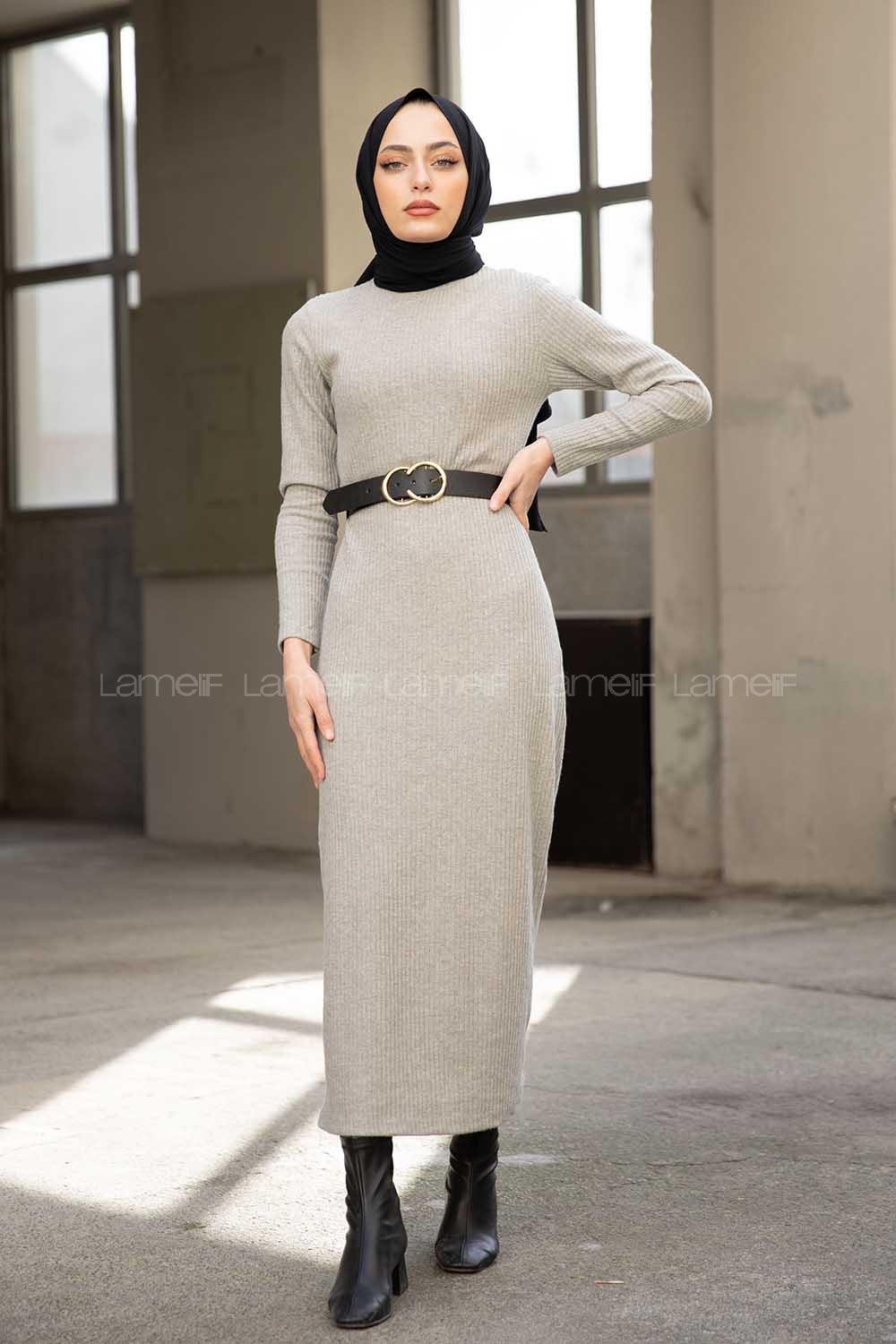 Modalamelif Gri Fitilli Triko Elbise