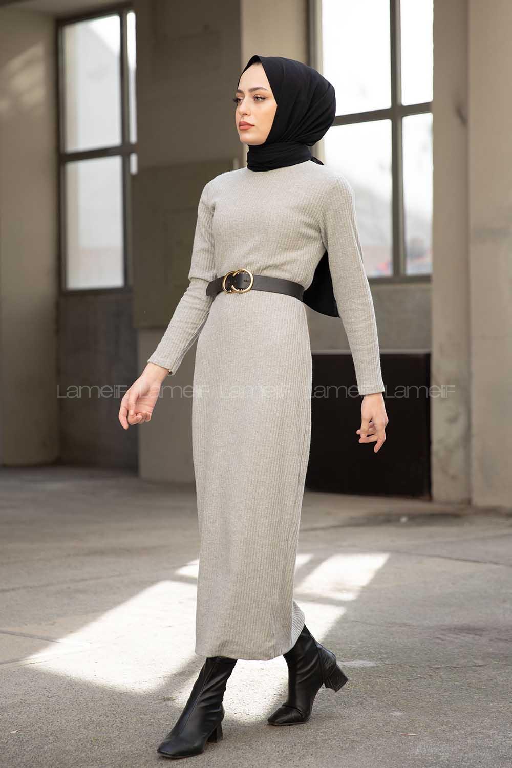 Modalamelif Gri Fitilli Triko Elbise