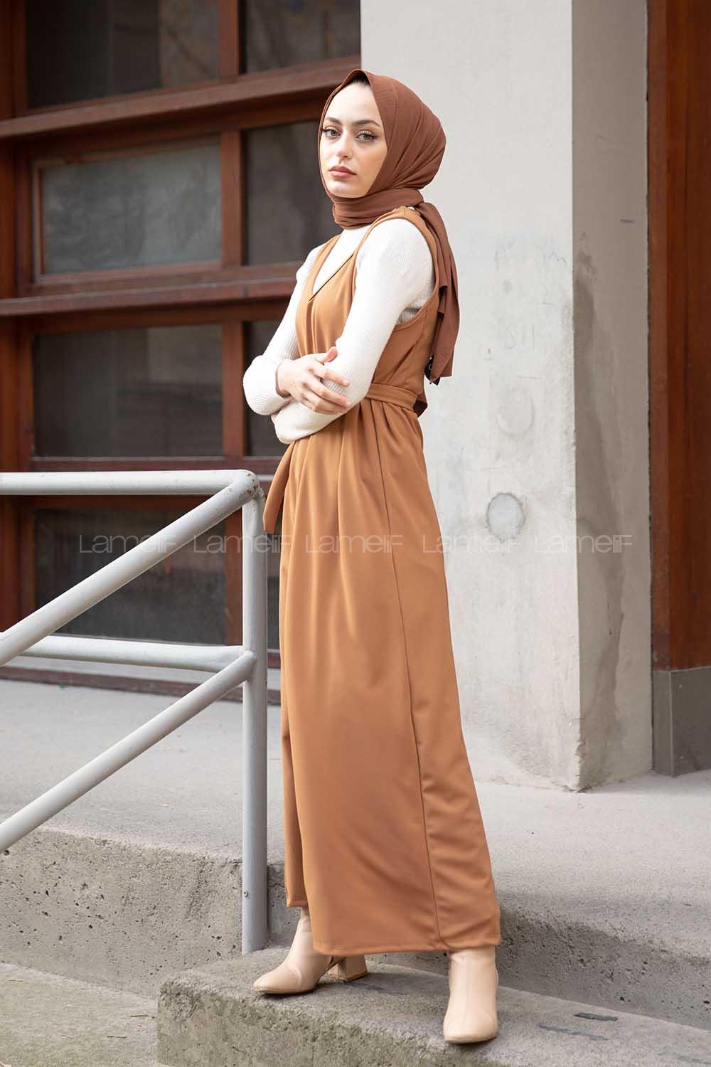 Modalamelif V Yaka Kuşaklı Jile Elbise Camel