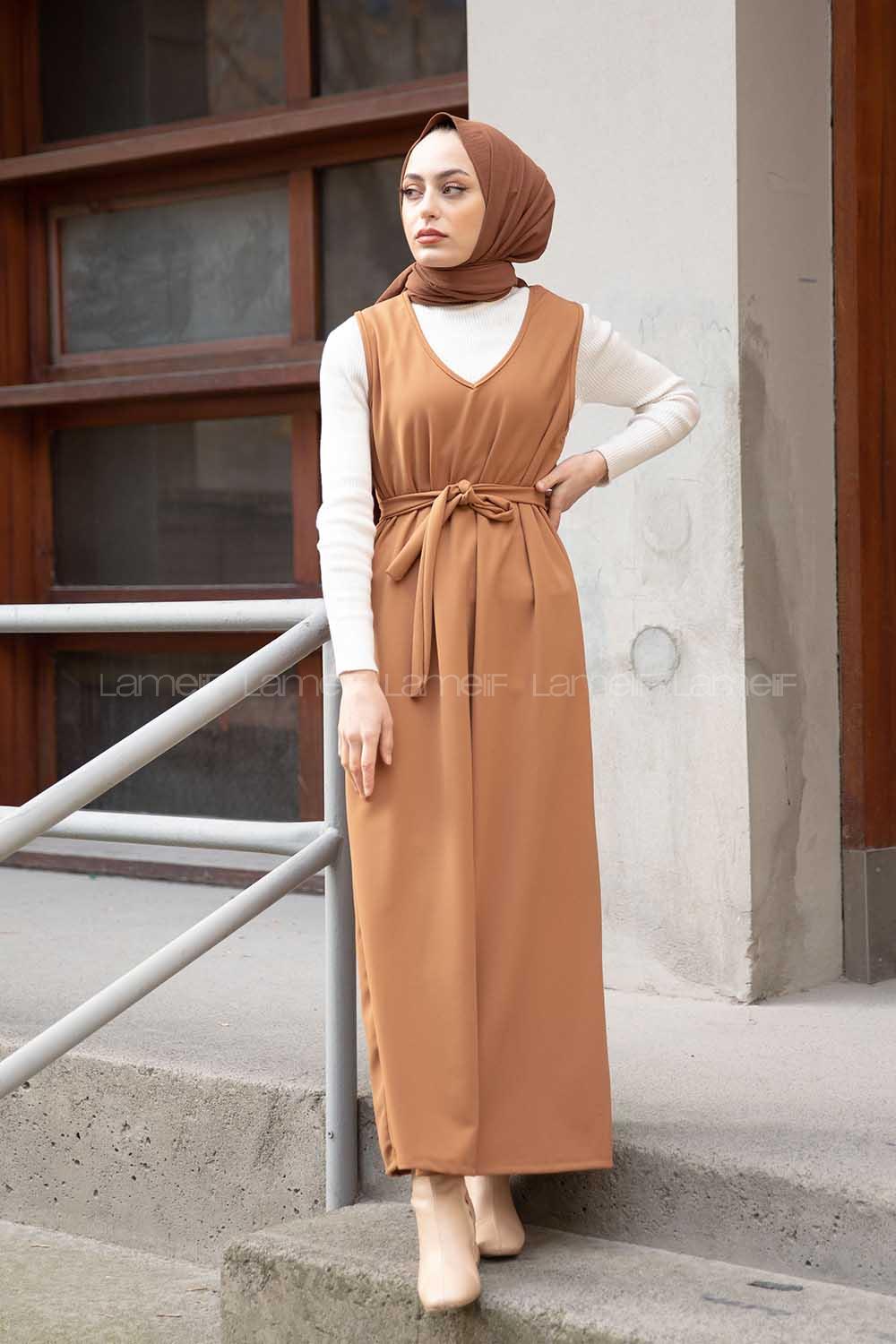 Modalamelif V Yaka Kuşaklı Jile Elbise Camel