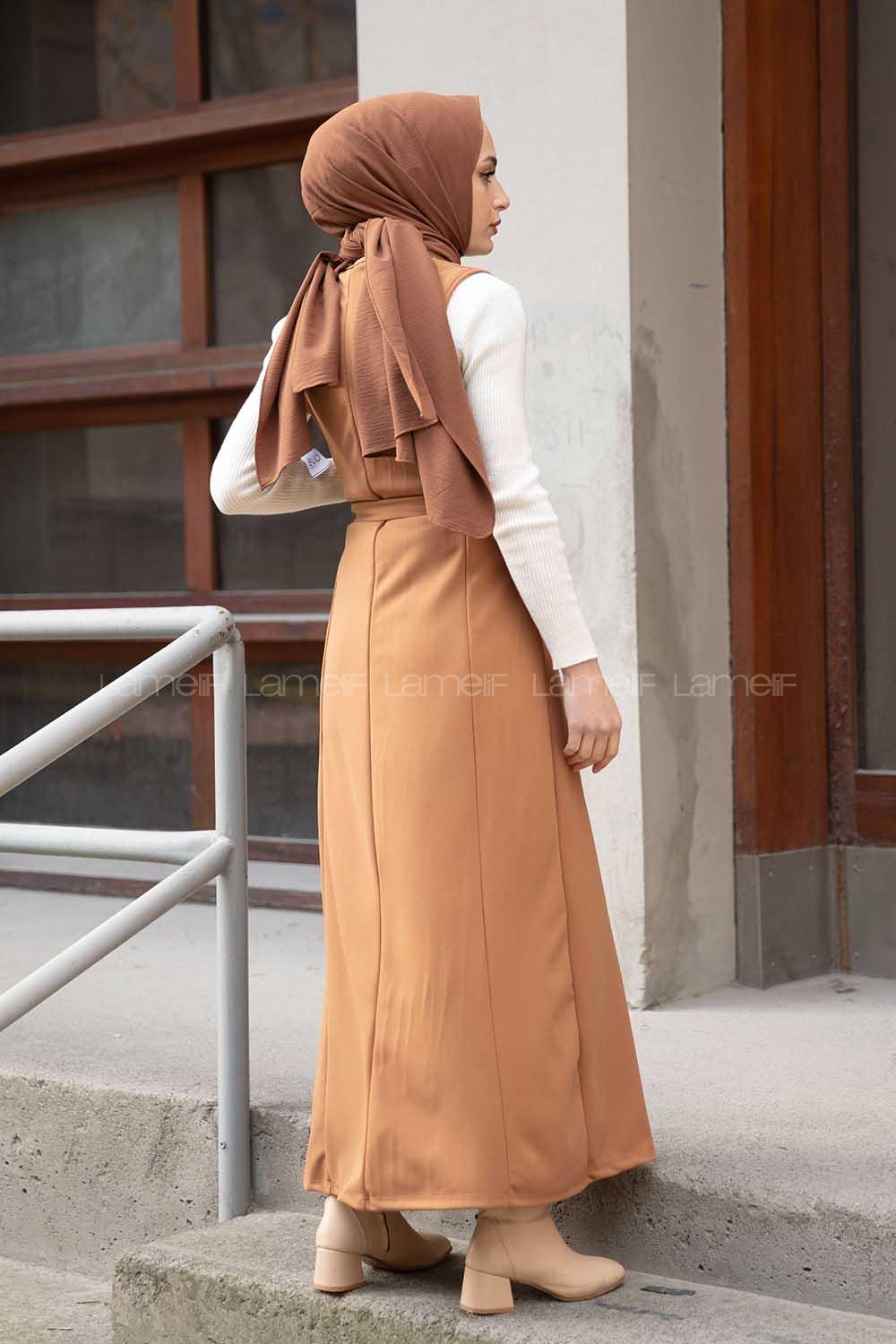 Modalamelif V Yaka Kuşaklı Jile Elbise Camel