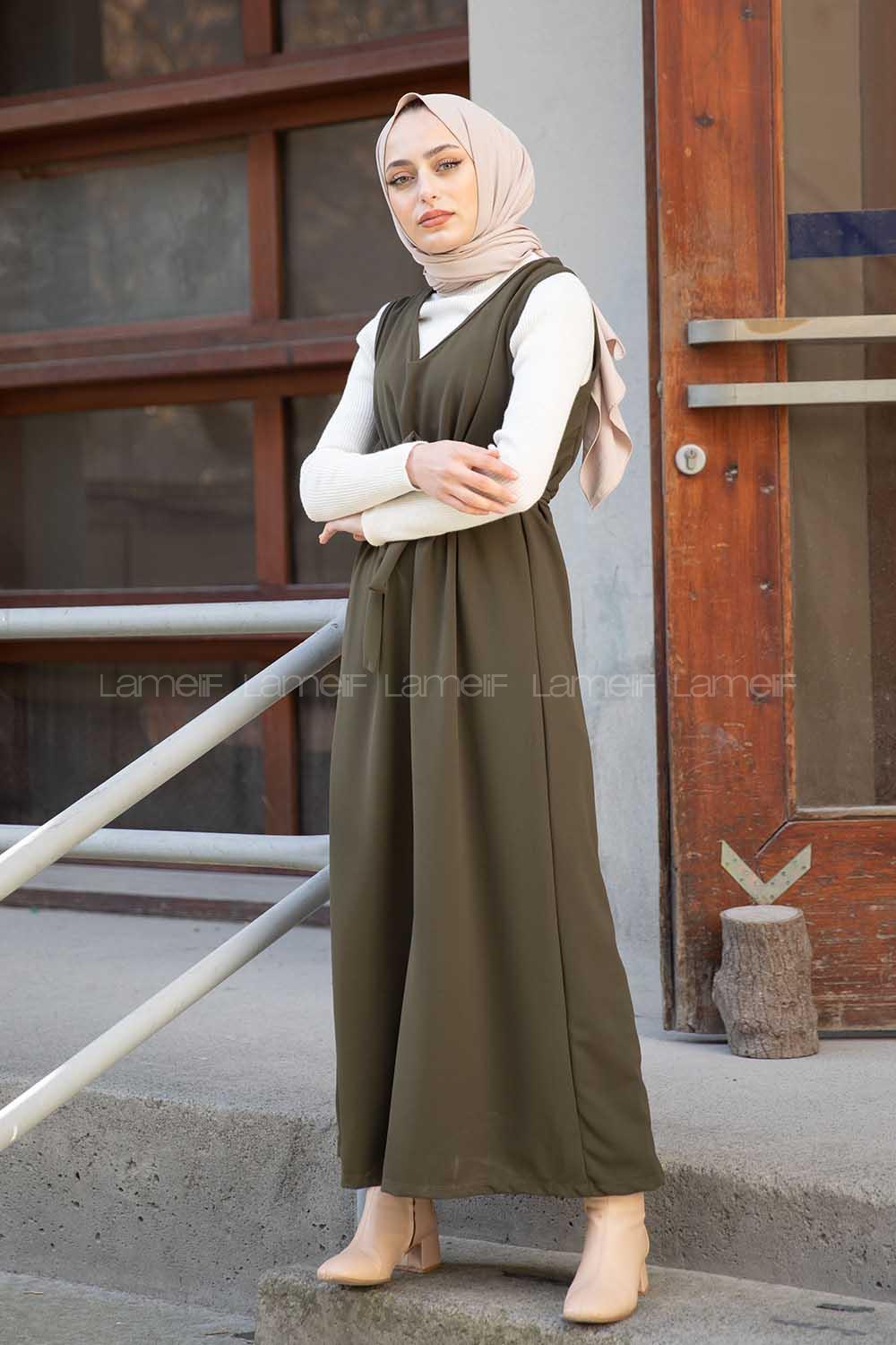 Modalamelif V Yaka Kuşaklı Jile Elbise Haki