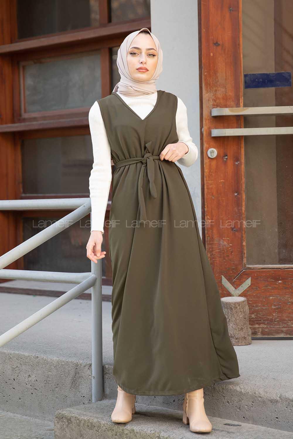 Modalamelif V Yaka Kuşaklı Jile Elbise Haki