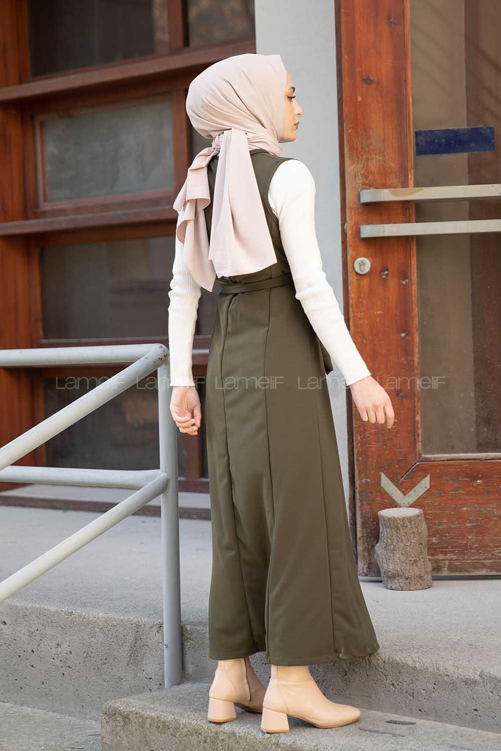 Modalamelif V Yaka Kuşaklı Jile Elbise Haki