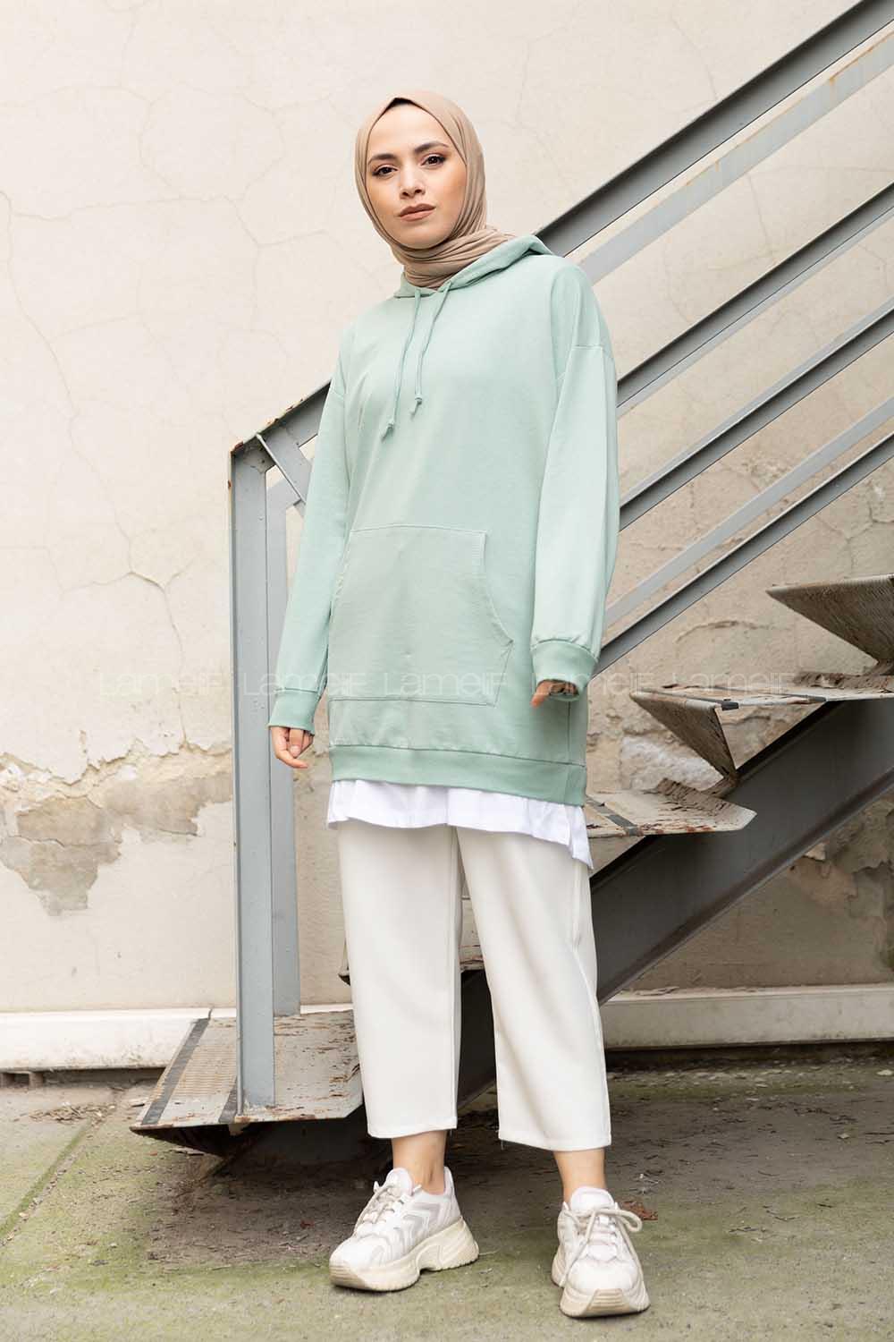 Modalamelif Eteği Garnili Kapşonlu Tunik Mint Yeşili