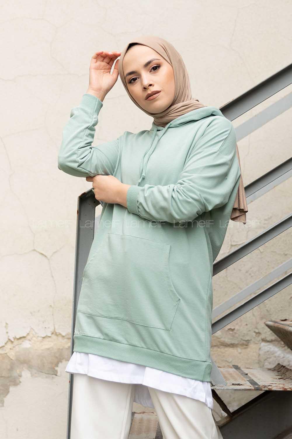 Modalamelif Eteği Garnili Kapşonlu Tunik Mint Yeşili