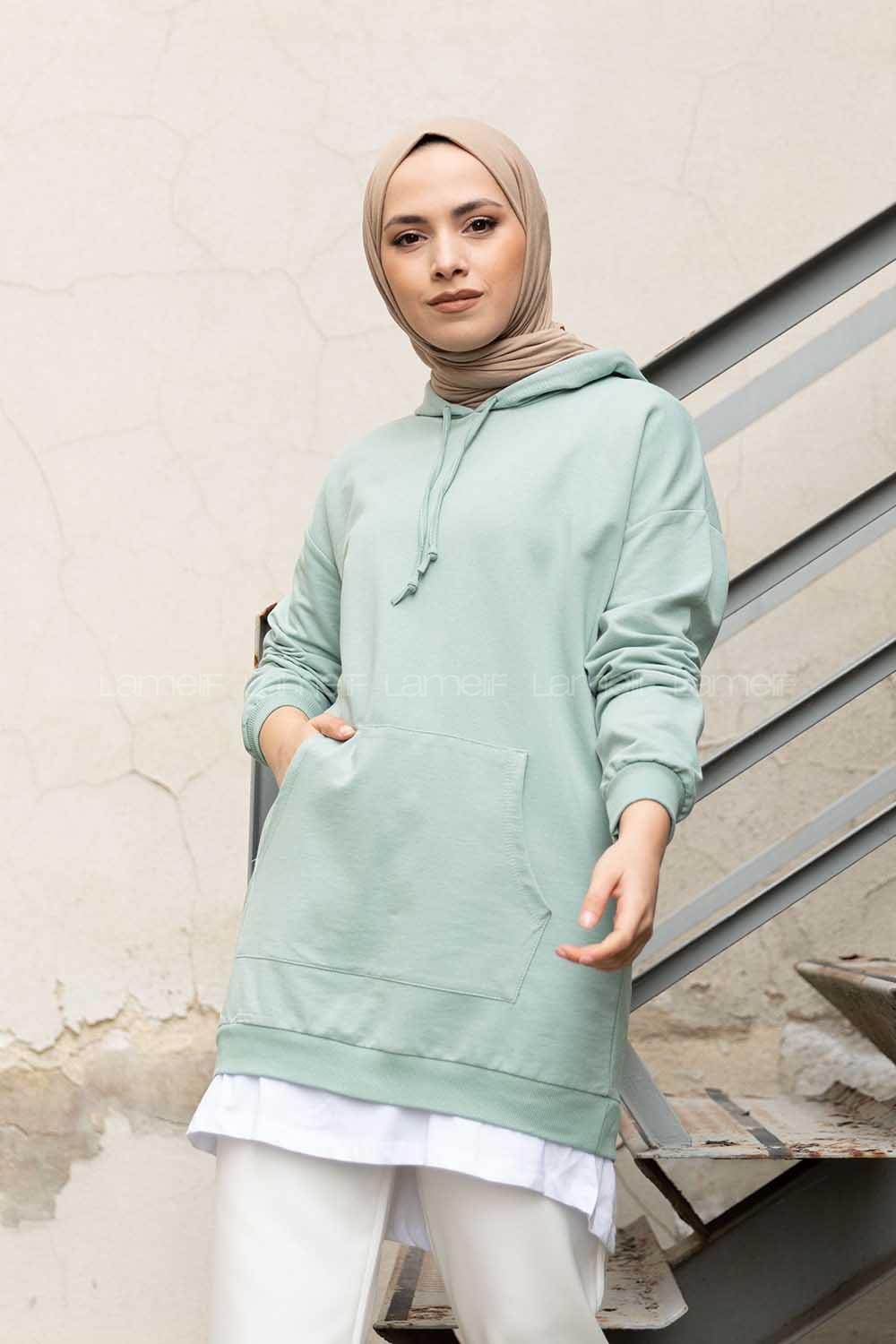 Modalamelif Eteği Garnili Kapşonlu Tunik Mint Yeşili