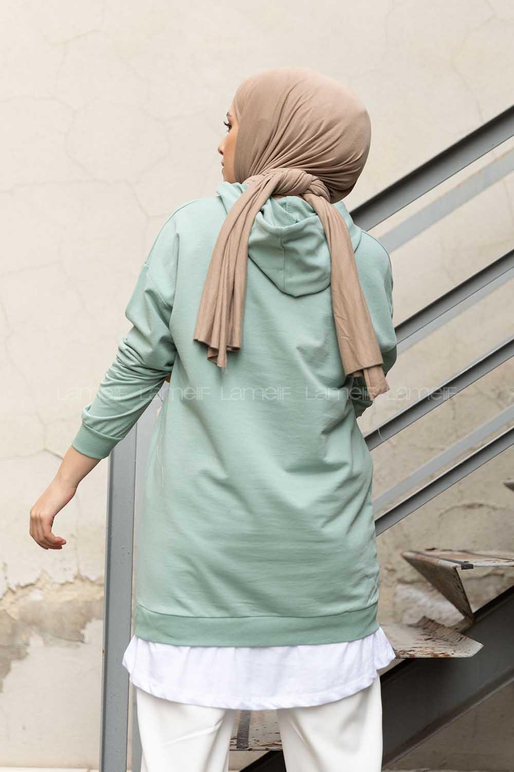 Modalamelif Eteği Garnili Kapşonlu Tunik Mint Yeşili