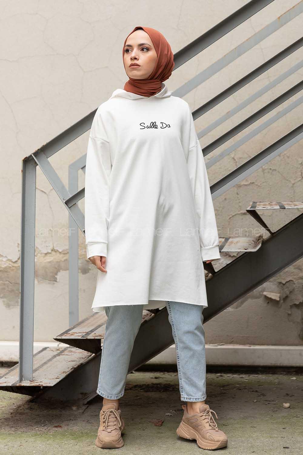 Modalamelif Önü Yazı Baskılı Kapşonlu Tunik Beyaz