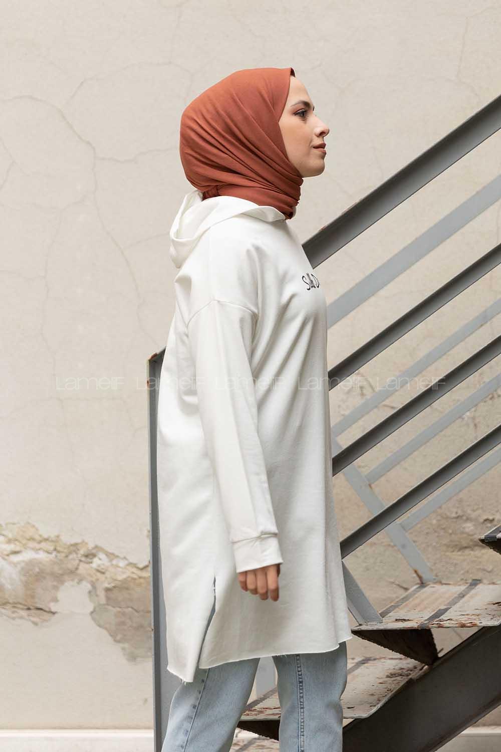 Modalamelif Önü Yazı Baskılı Kapşonlu Tunik Beyaz