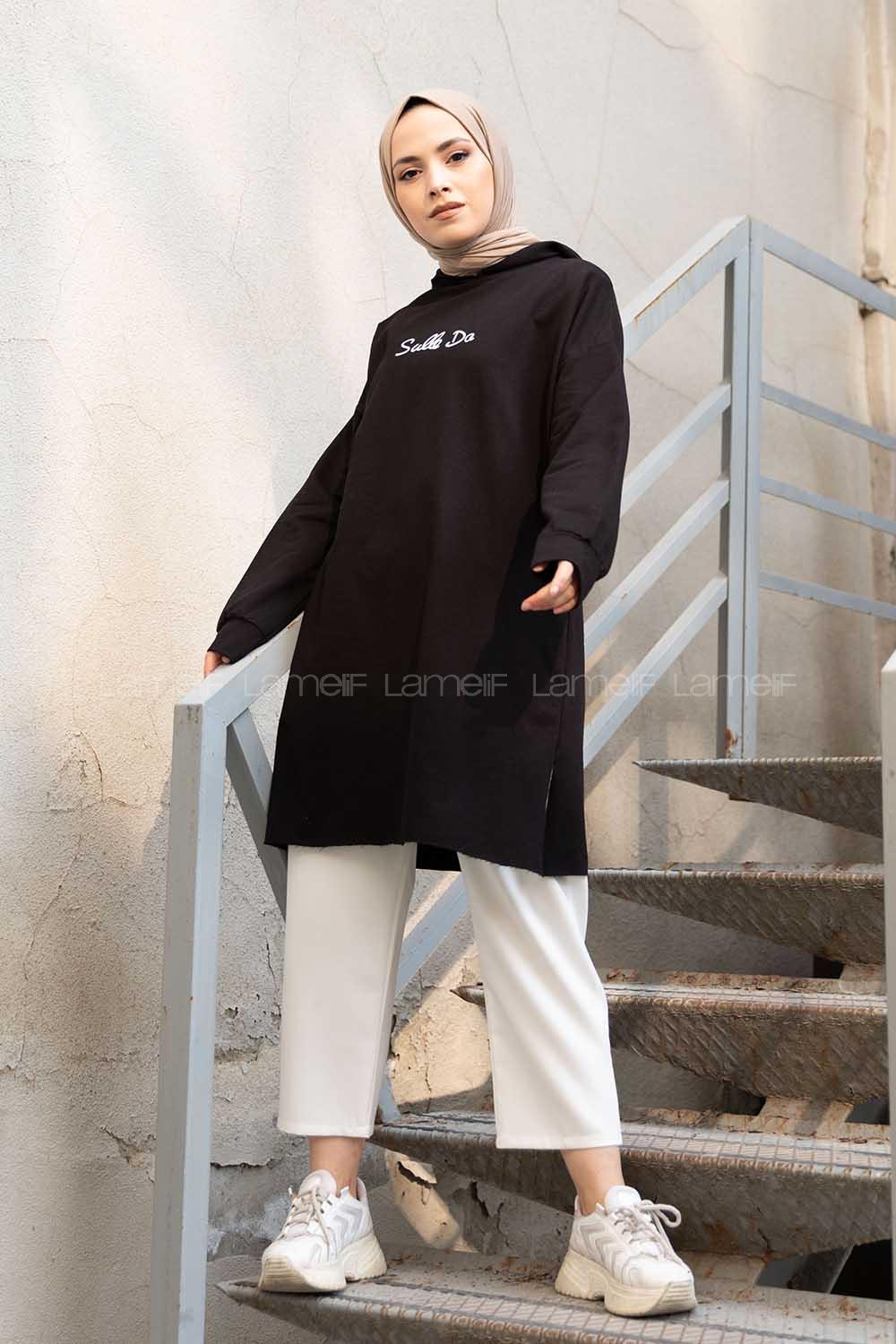 Modalamelif Önü Yazı Baskılı Kapşonlu Tunik Siyah