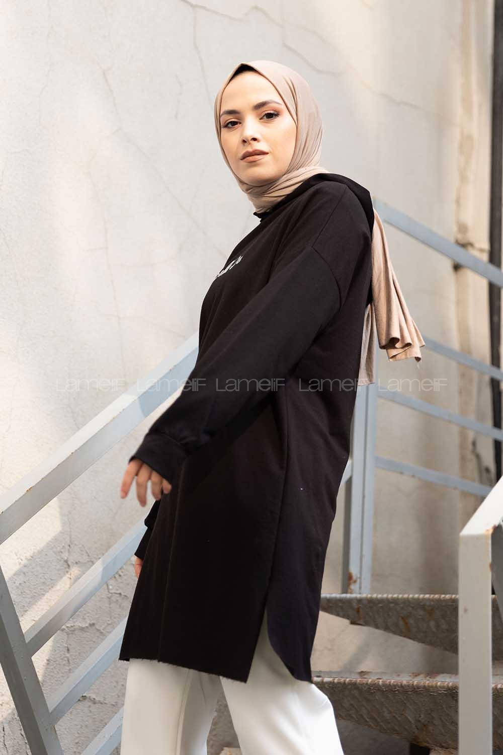 Modalamelif Önü Yazı Baskılı Kapşonlu Tunik Siyah