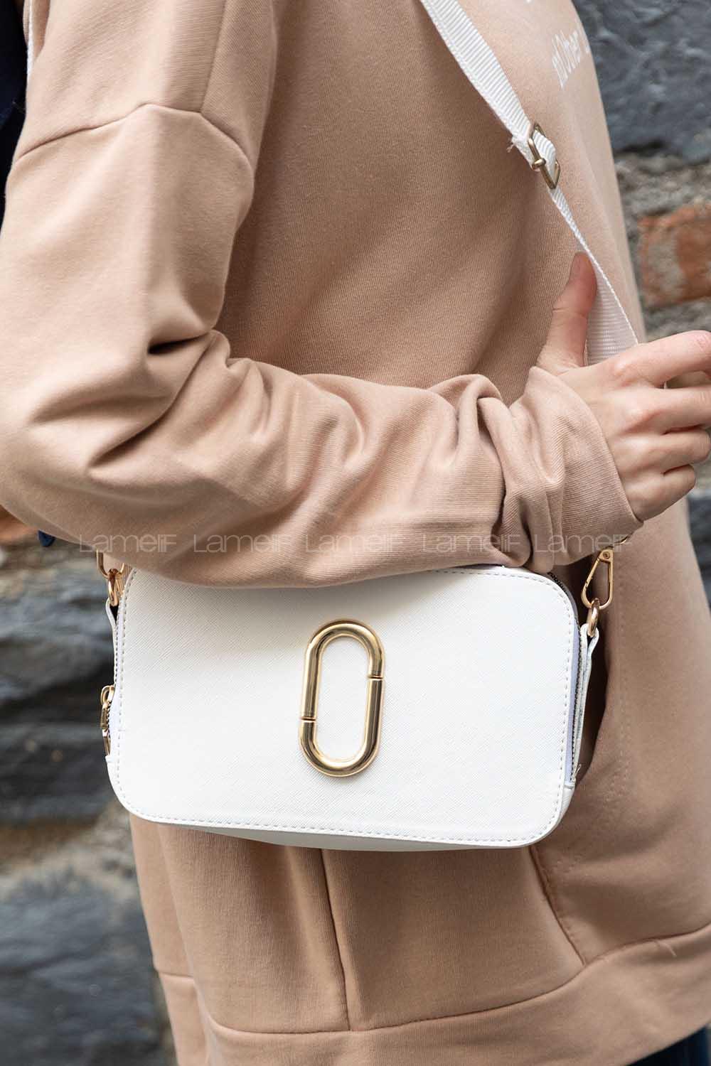 Lamelif Deri Görünümlü Metal Detay Çanta Beyaz