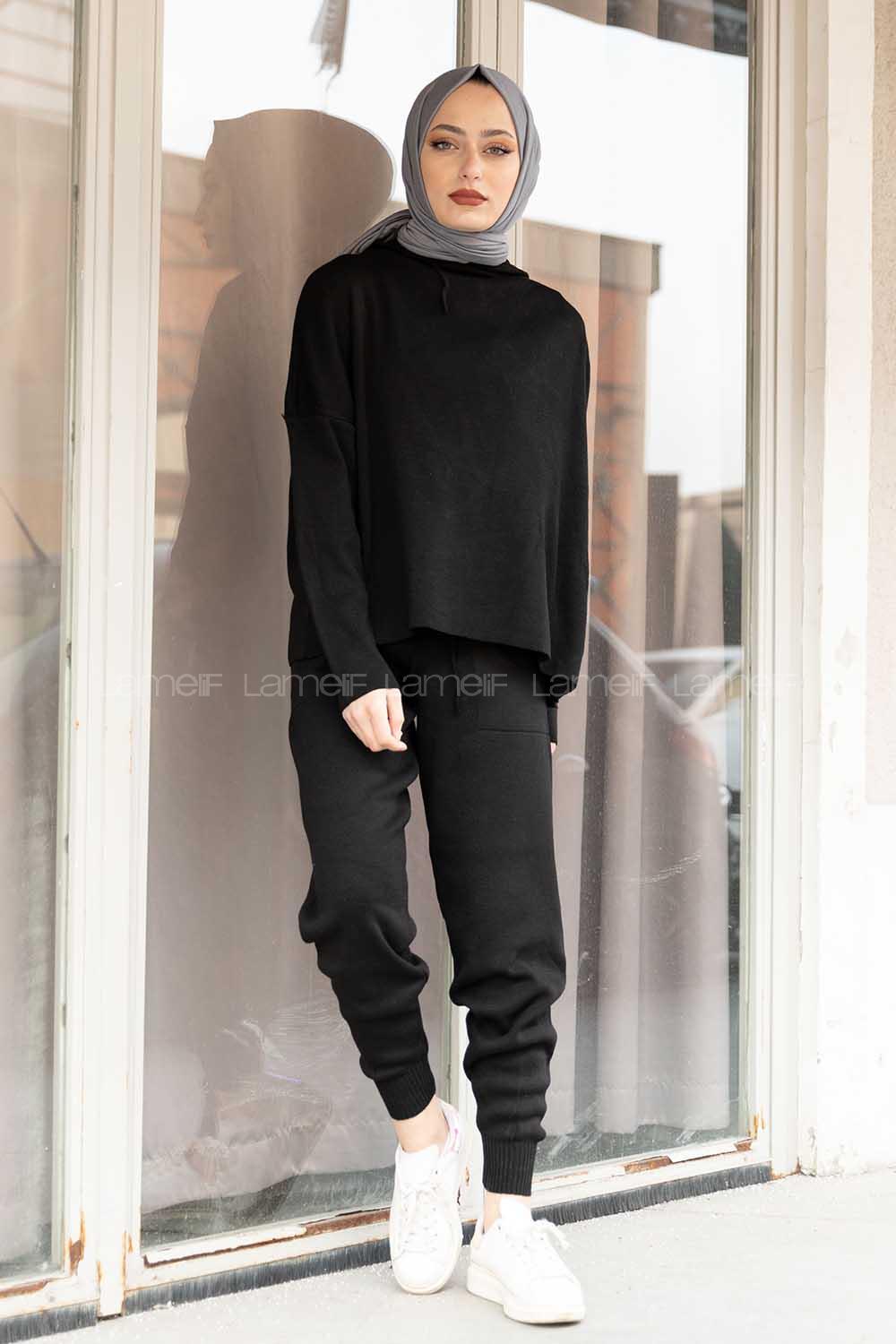 Modalamelif Kapşonlu Triko Takım Siyah