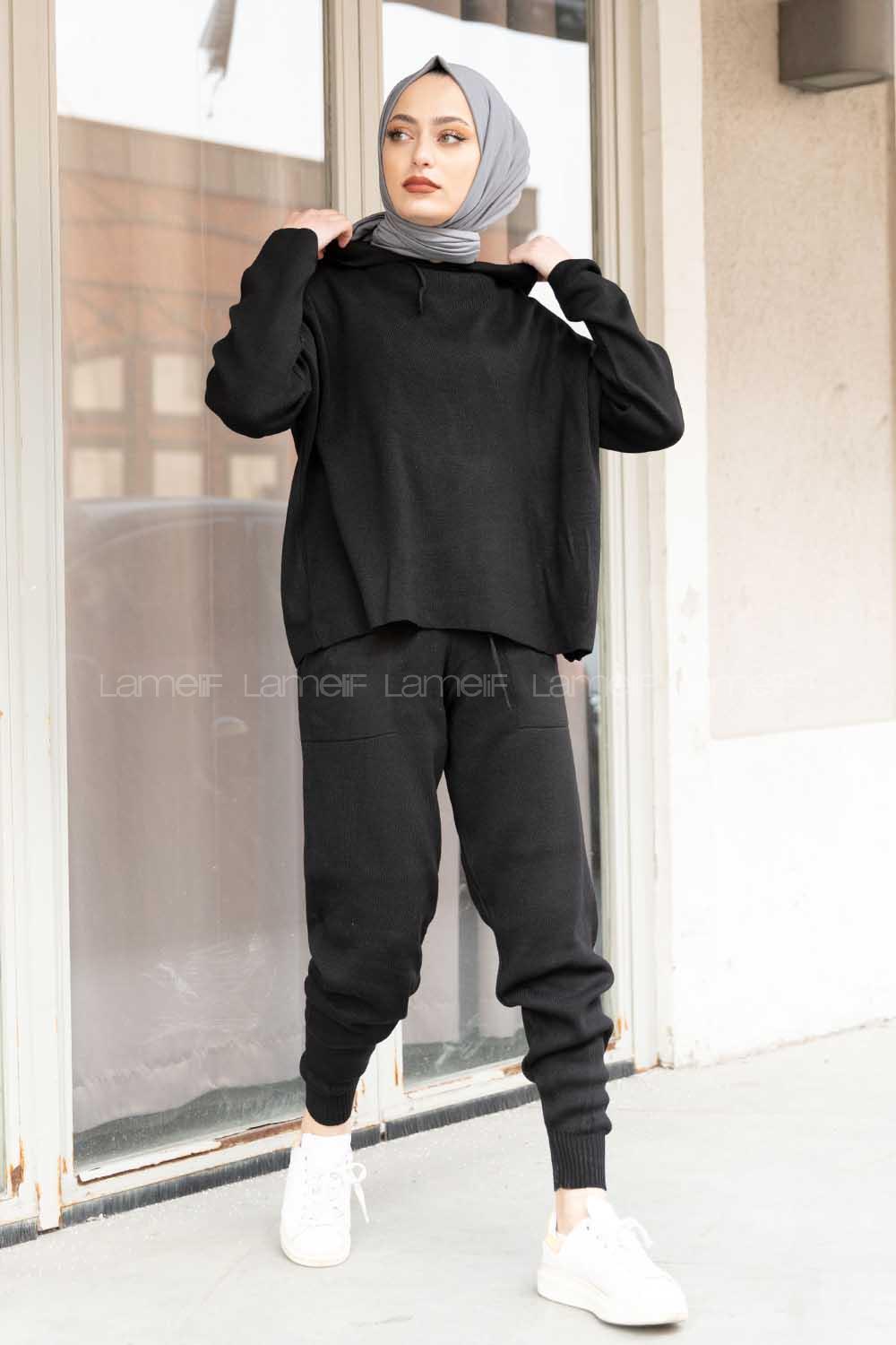 Modalamelif Kapşonlu Triko Takım Siyah