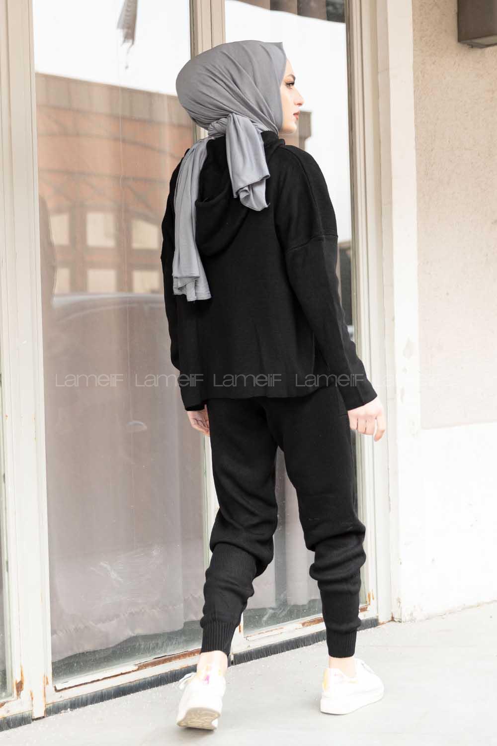 Modalamelif Kapşonlu Triko Takım Siyah