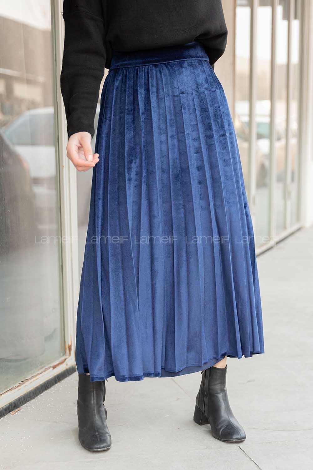 Modalamelif Pileli Kadife Etek Lacivert