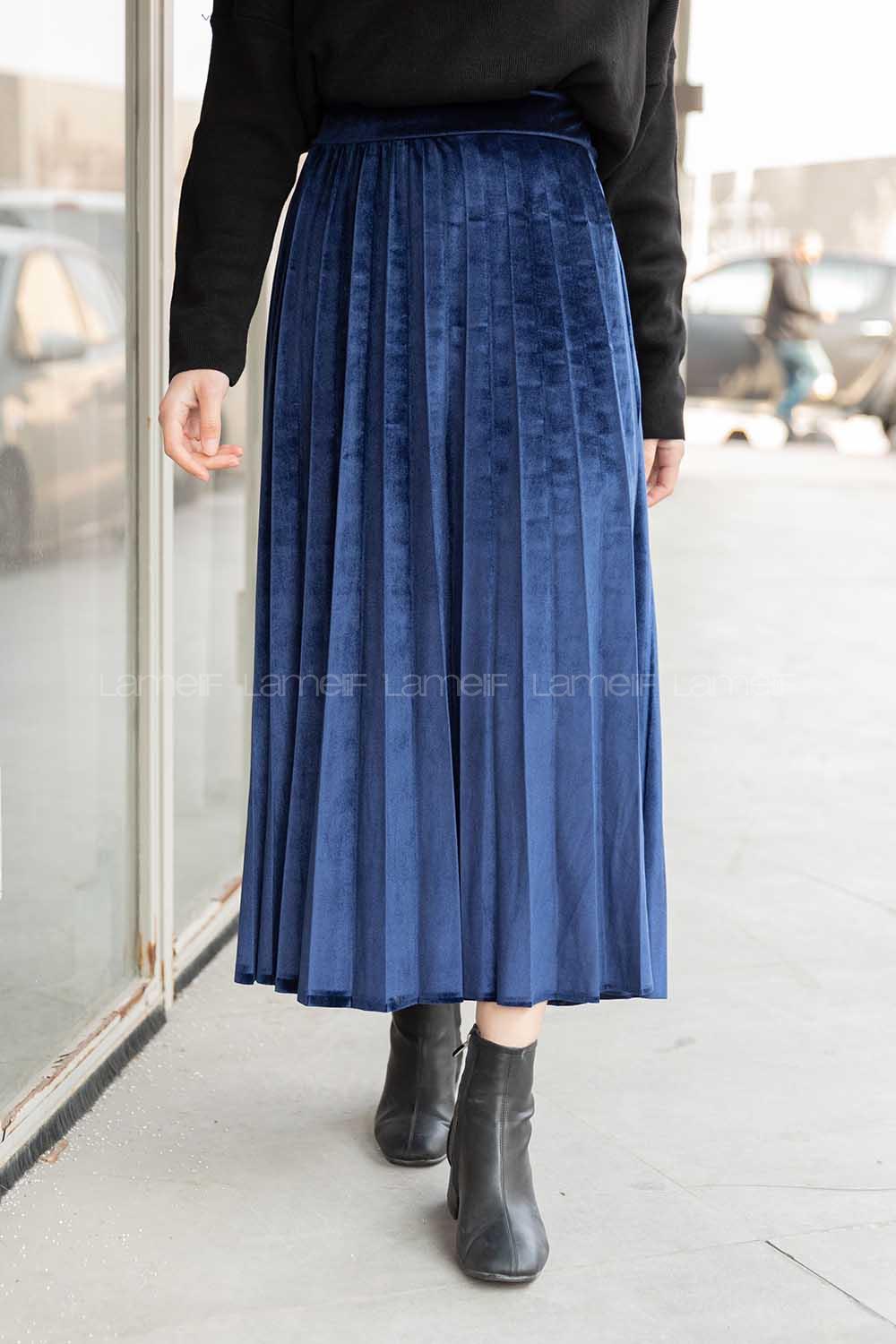 Modalamelif Pileli Kadife Etek Lacivert