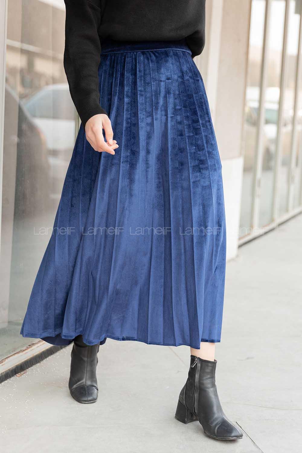 Modalamelif Pileli Kadife Etek Lacivert