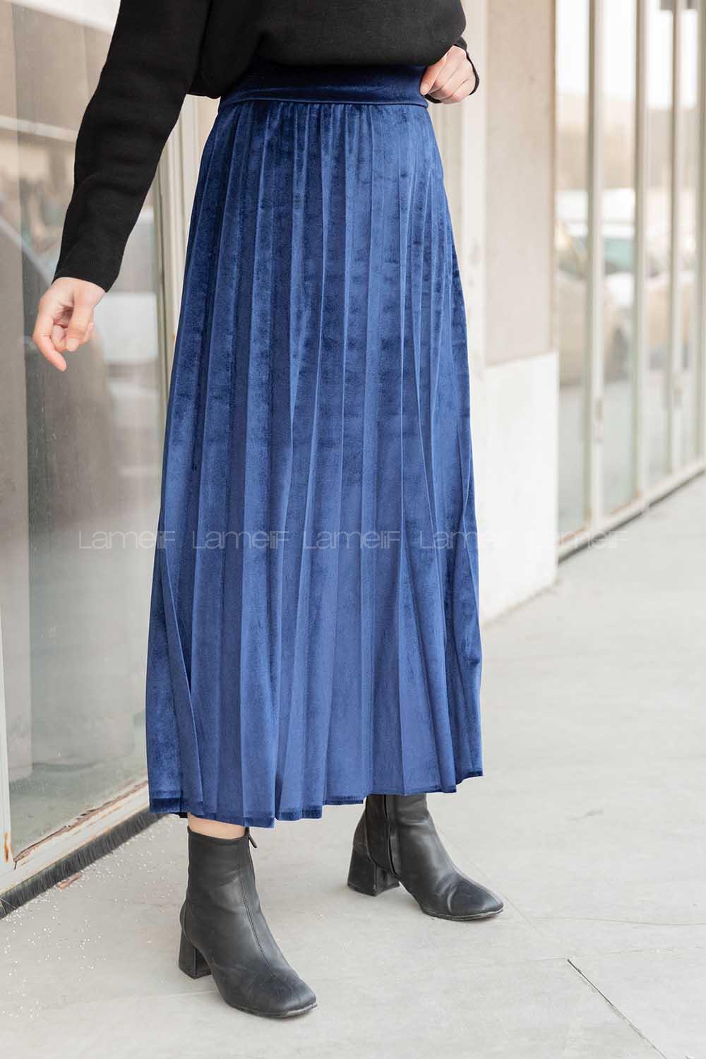 Modalamelif Pileli Kadife Etek Lacivert