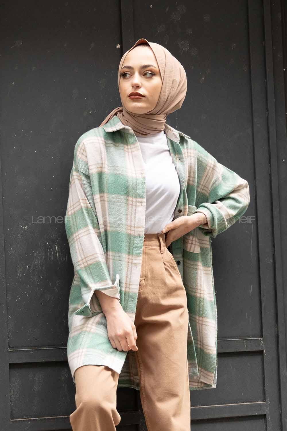 Modalamelif Tek Cepli Ekose Oduncu Gömle Mint Vizonrengi