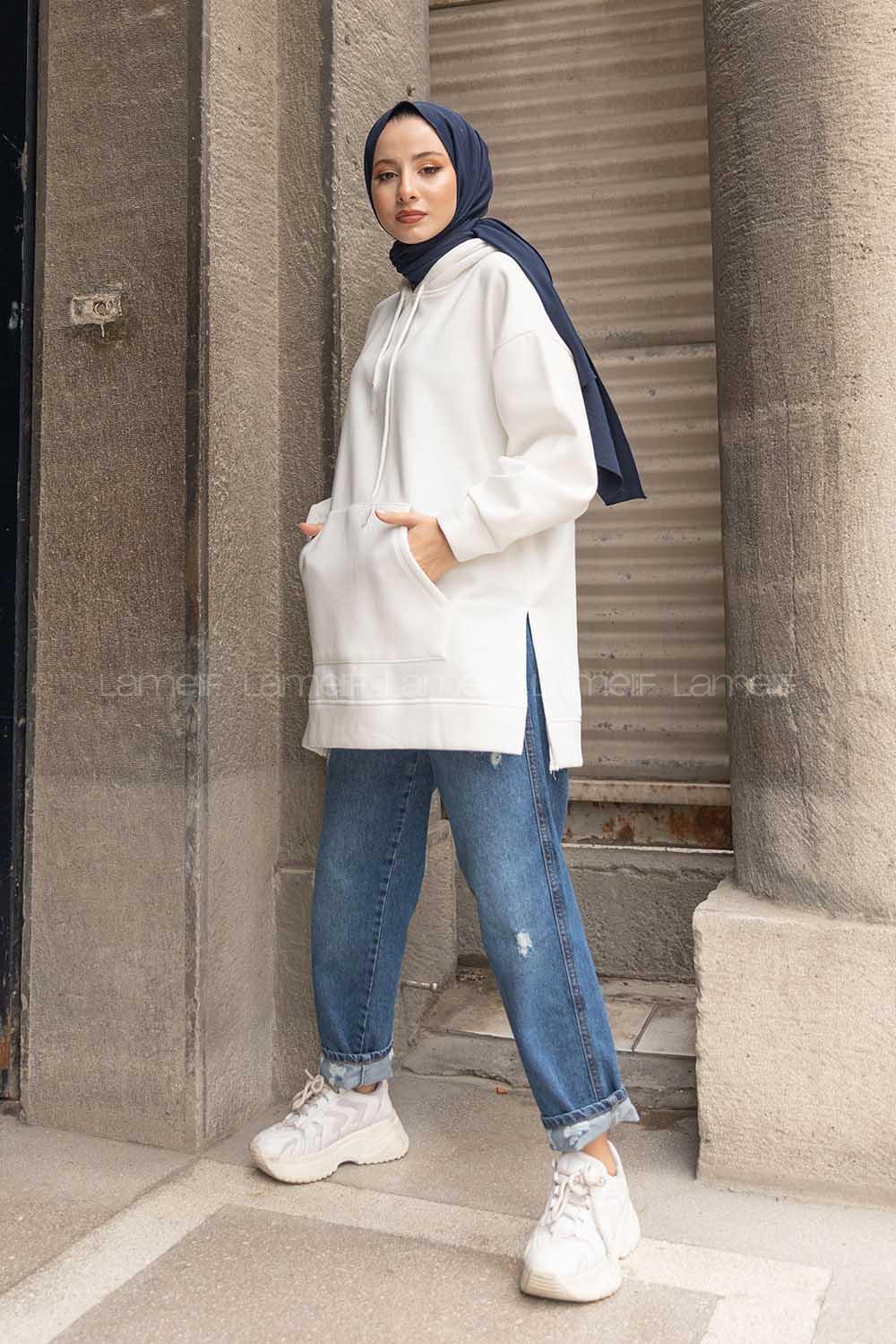 Modalamelif  Kanguru Cep Kapşonlu Sweatshirt Beyaz