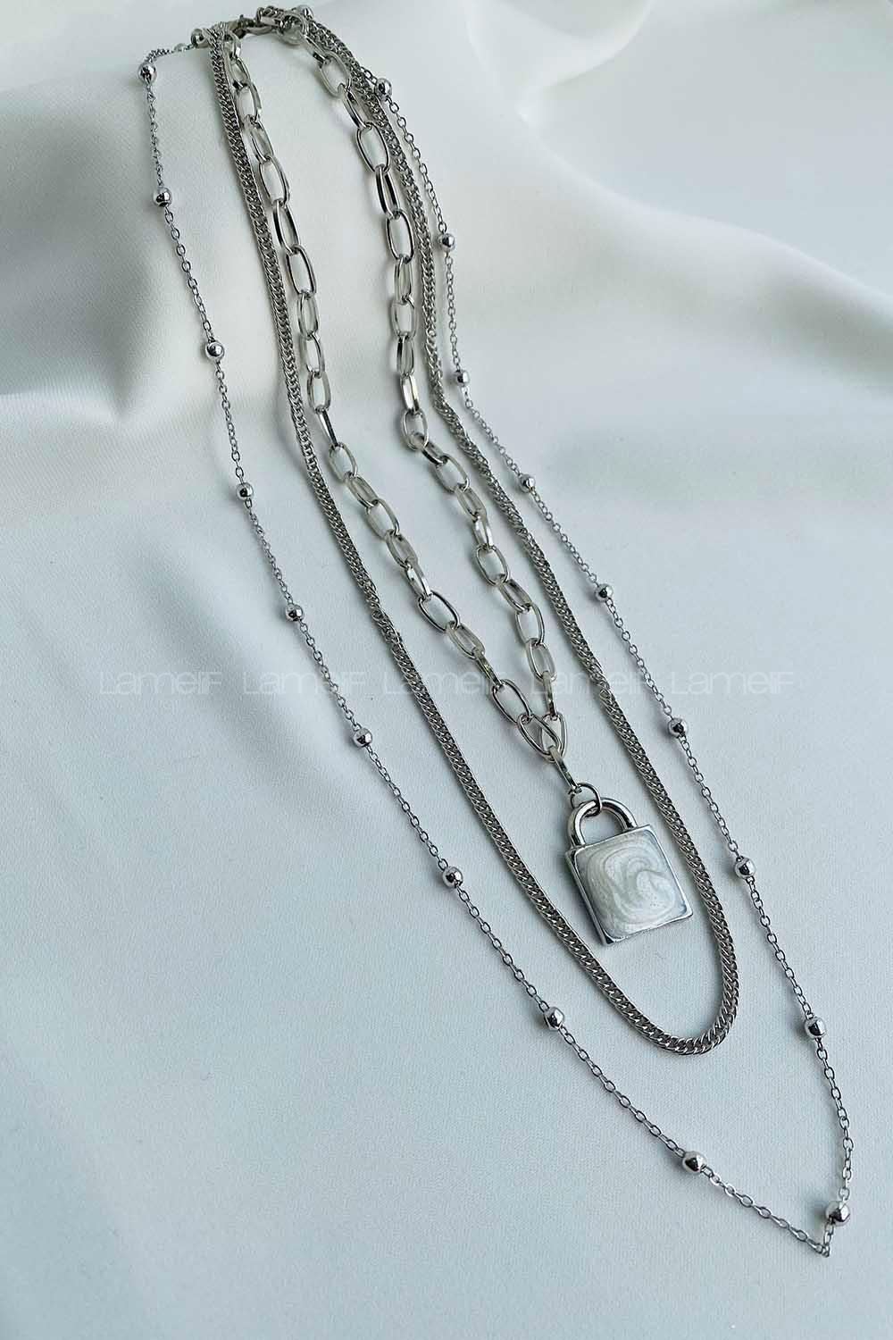 Lamelif 3 lü Gümüş Kilit Detay Zincir Kolye