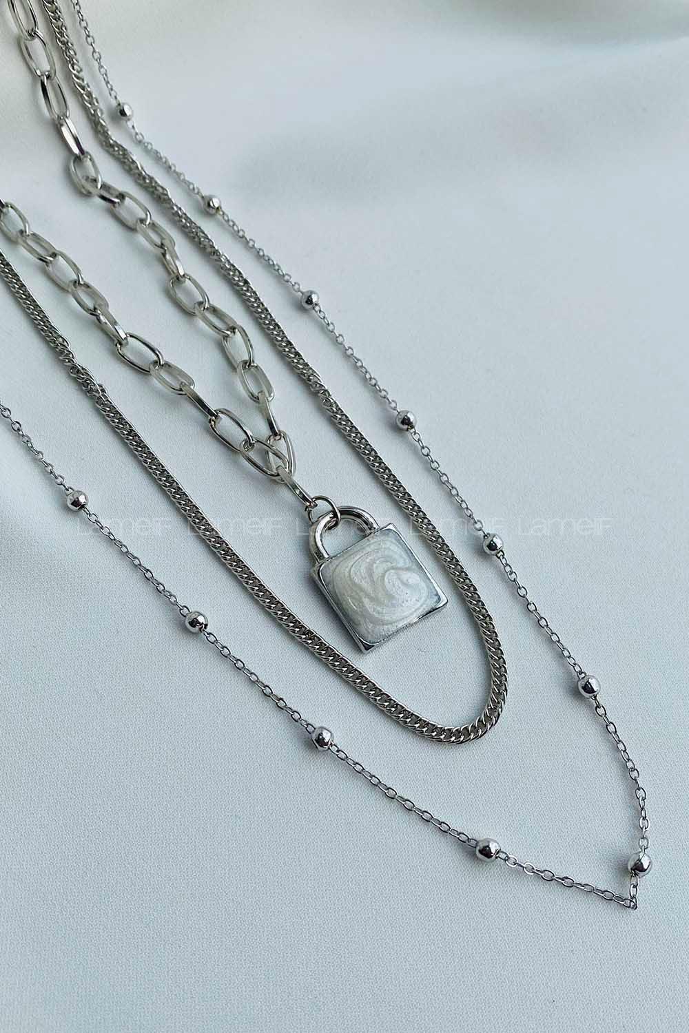 Lamelif 3 lü Gümüş Kilit Detay Zincir Kolye