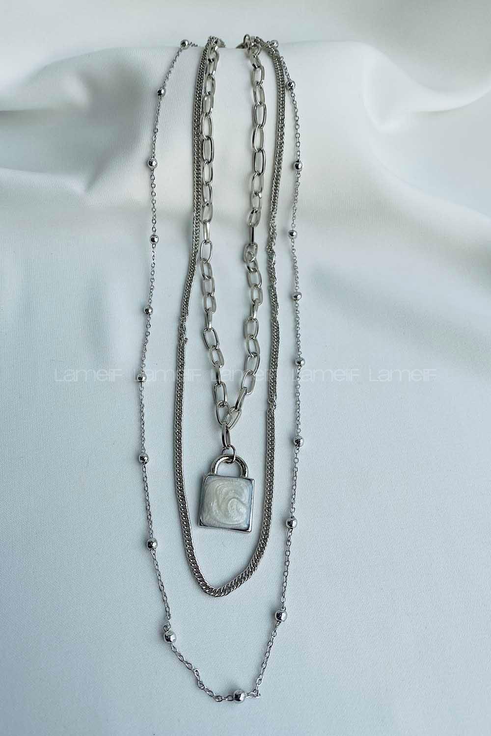 Lamelif 3 lü Gümüş Kilit Detay Zincir Kolye