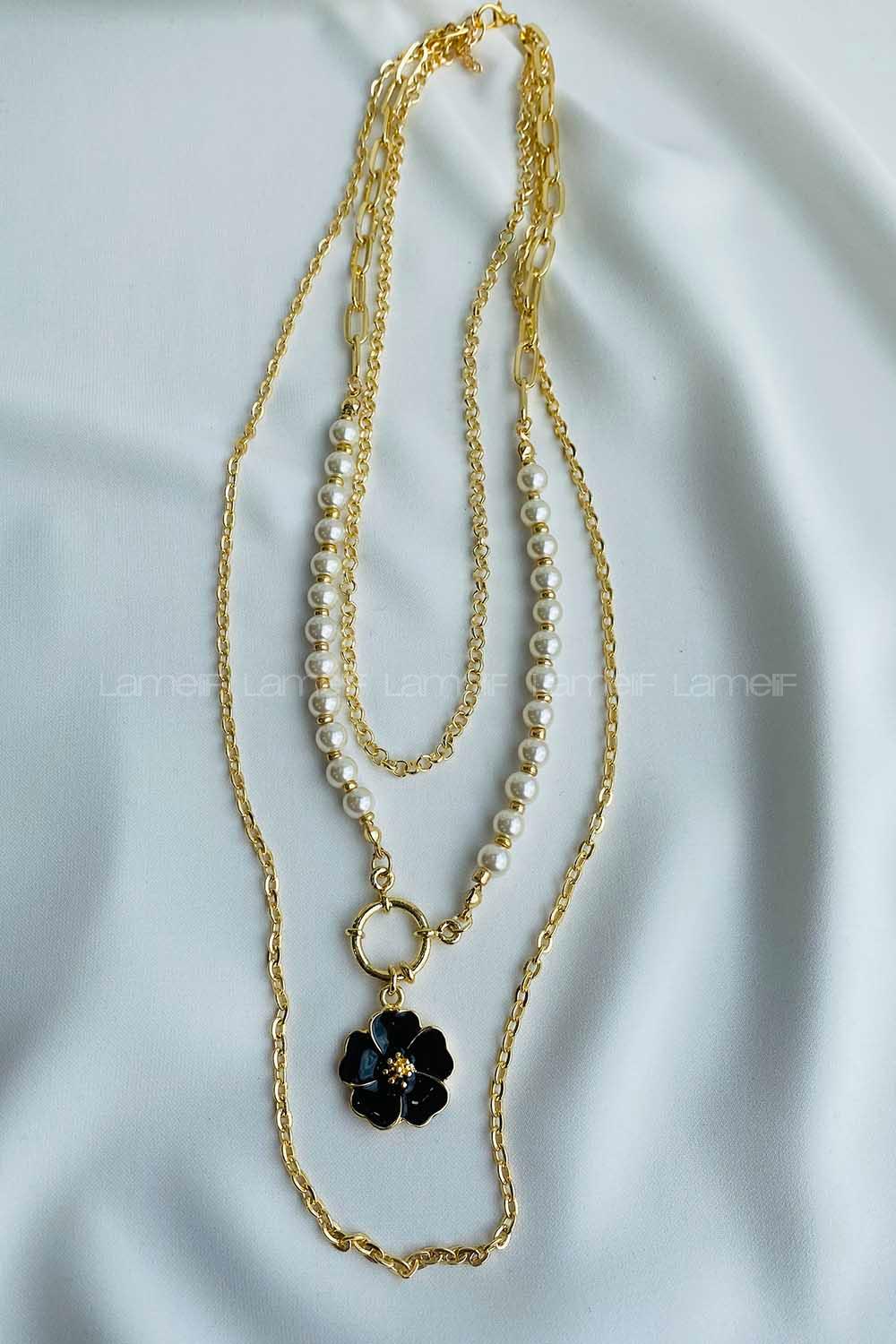 Lamelif İnci Taşlı Siyah Üçlü Kolye
