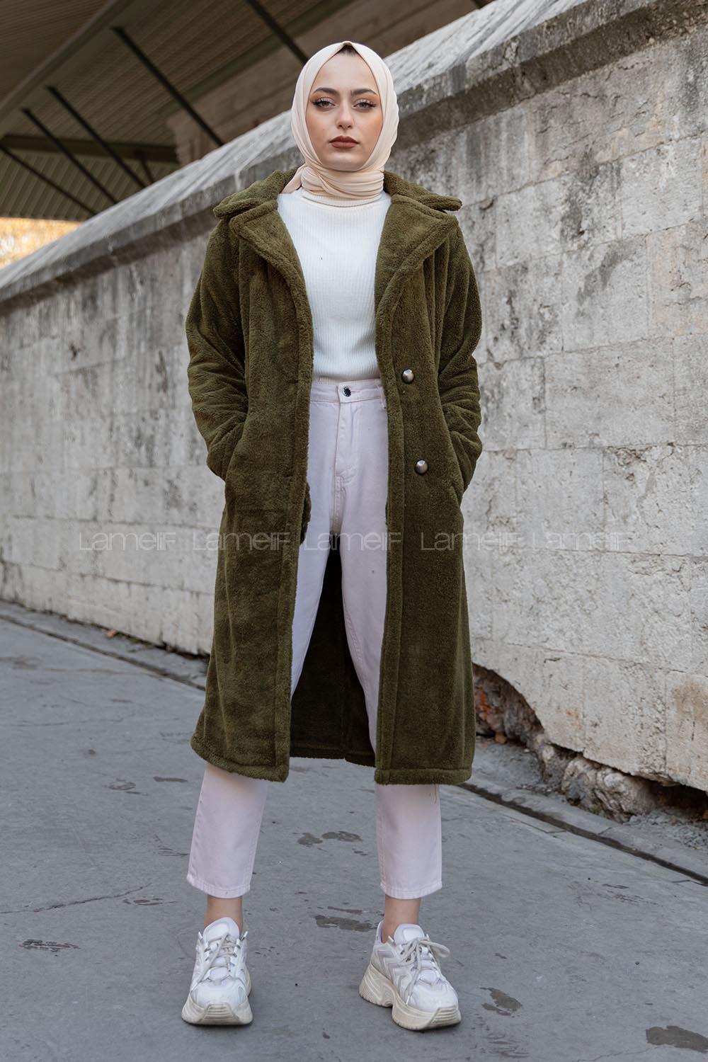 Modalamelif Çift Cepli Uzun Peluş Kaban Haki