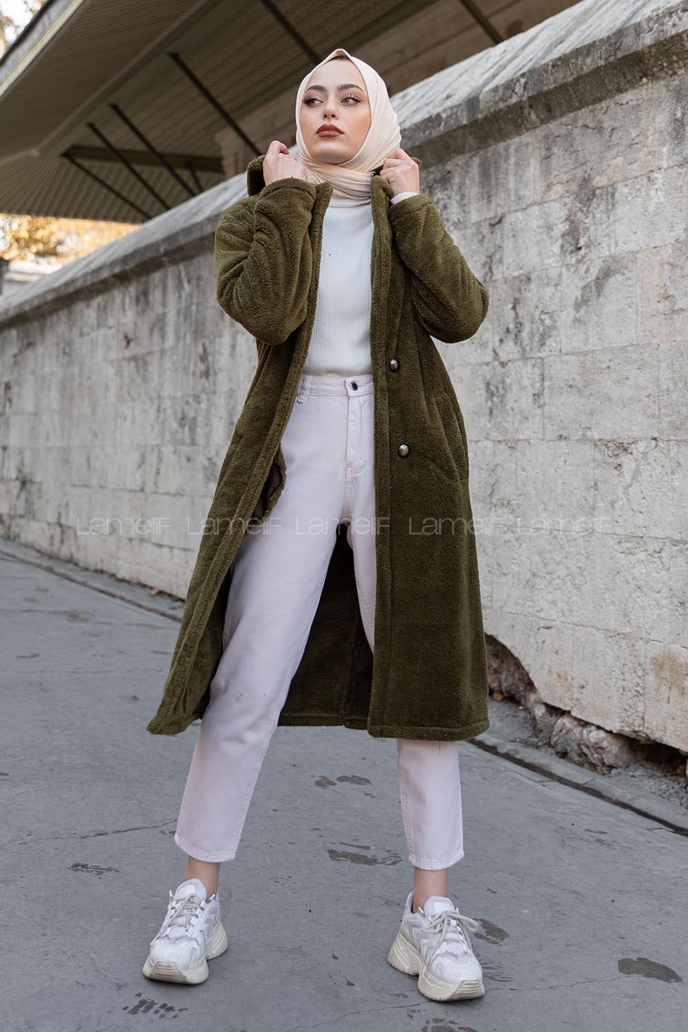 Modalamelif Çift Cepli Uzun Peluş Kaban Haki