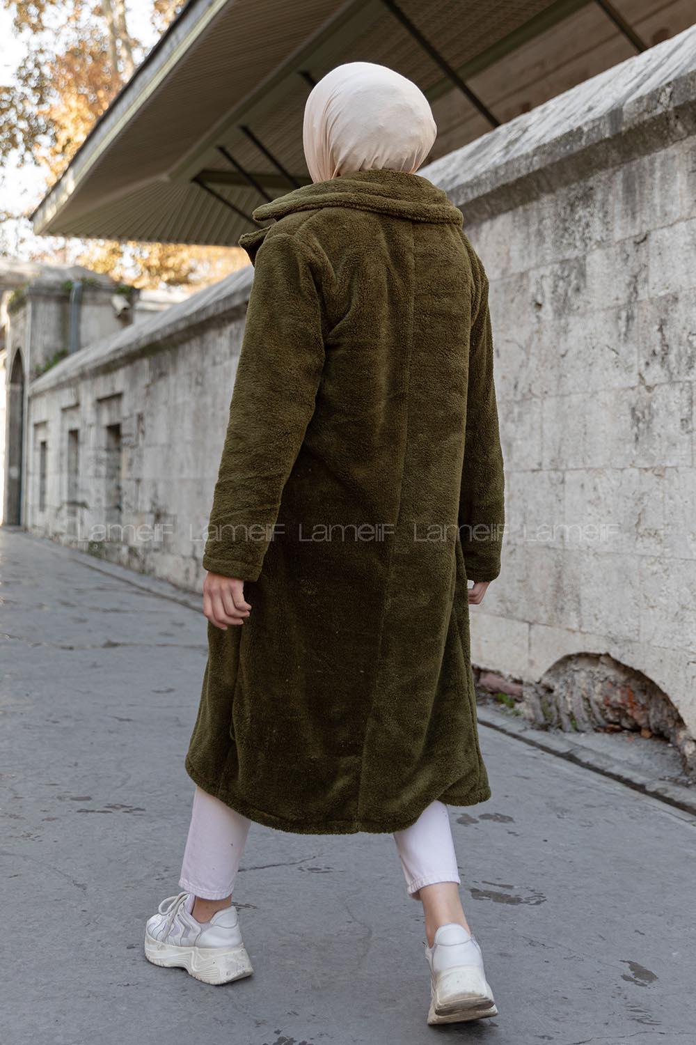 Modalamelif Çift Cepli Uzun Peluş Kaban Haki