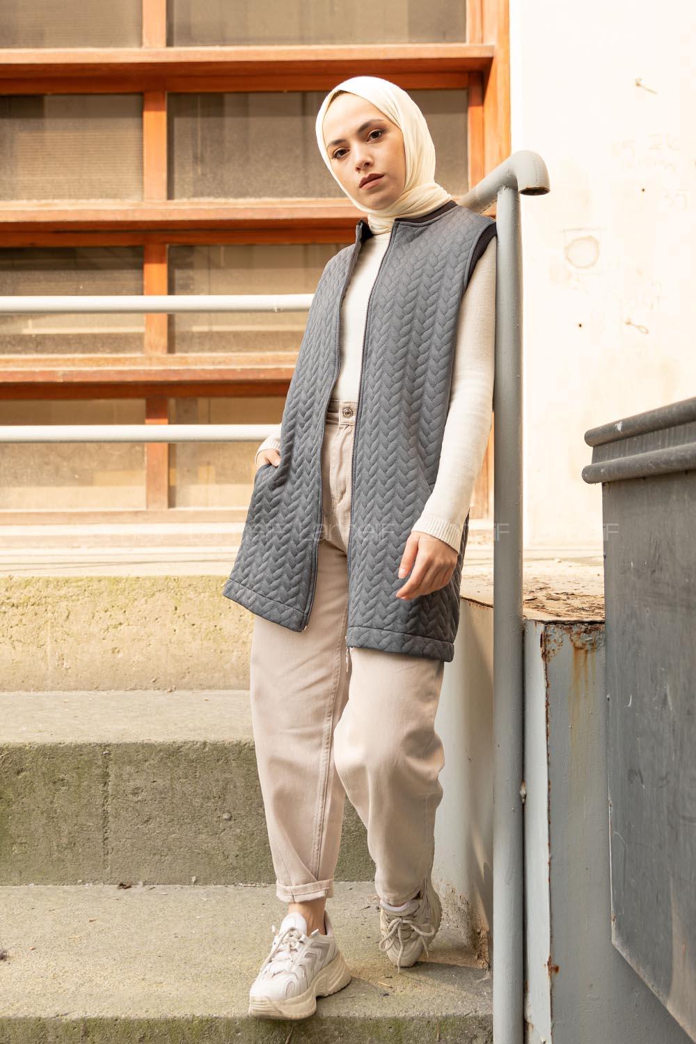 Modalamelif Kapitone Baskı Cepli Yelek Gri