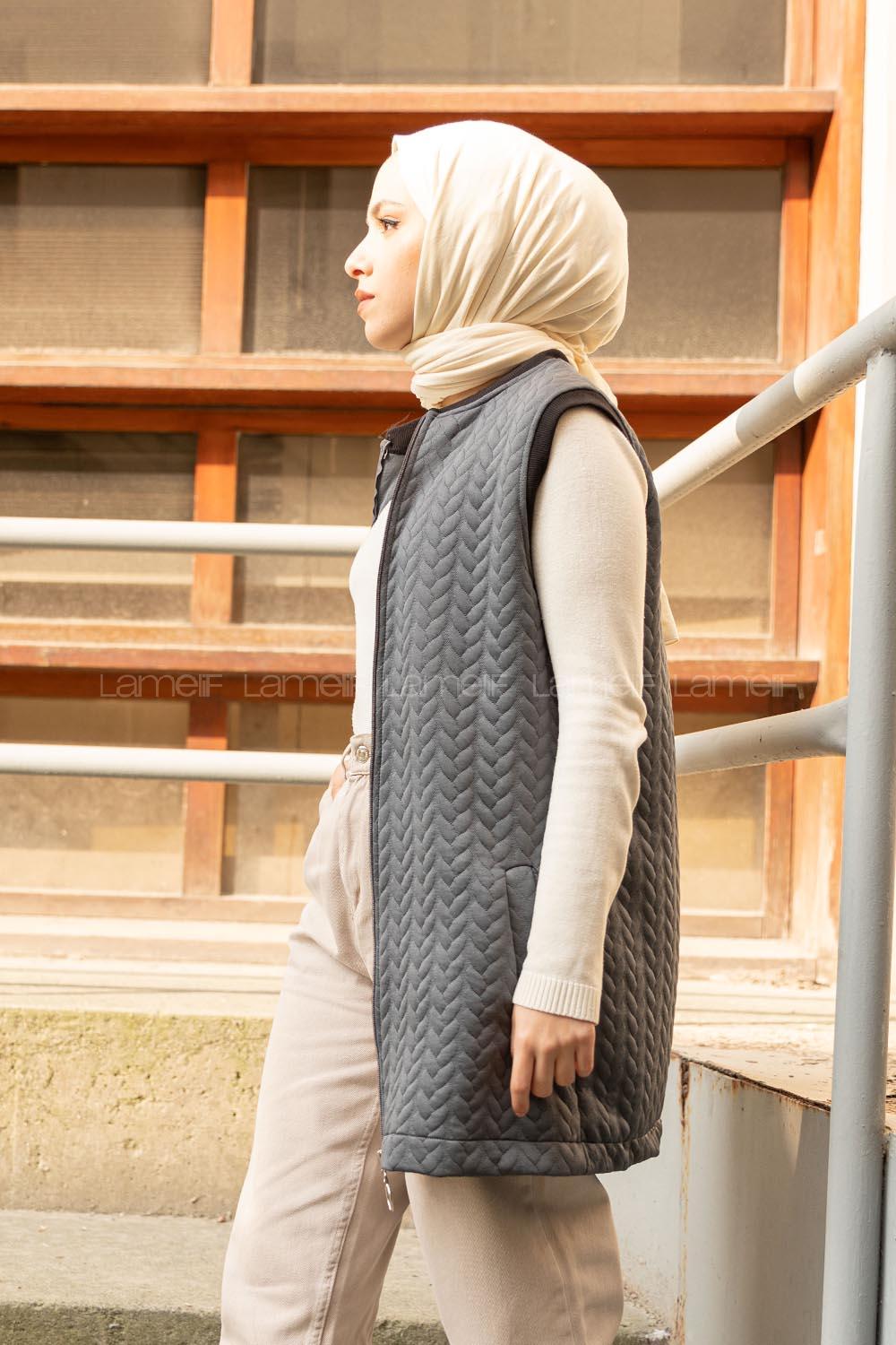 Modalamelif Kapitone Baskı Cepli Yelek Gri