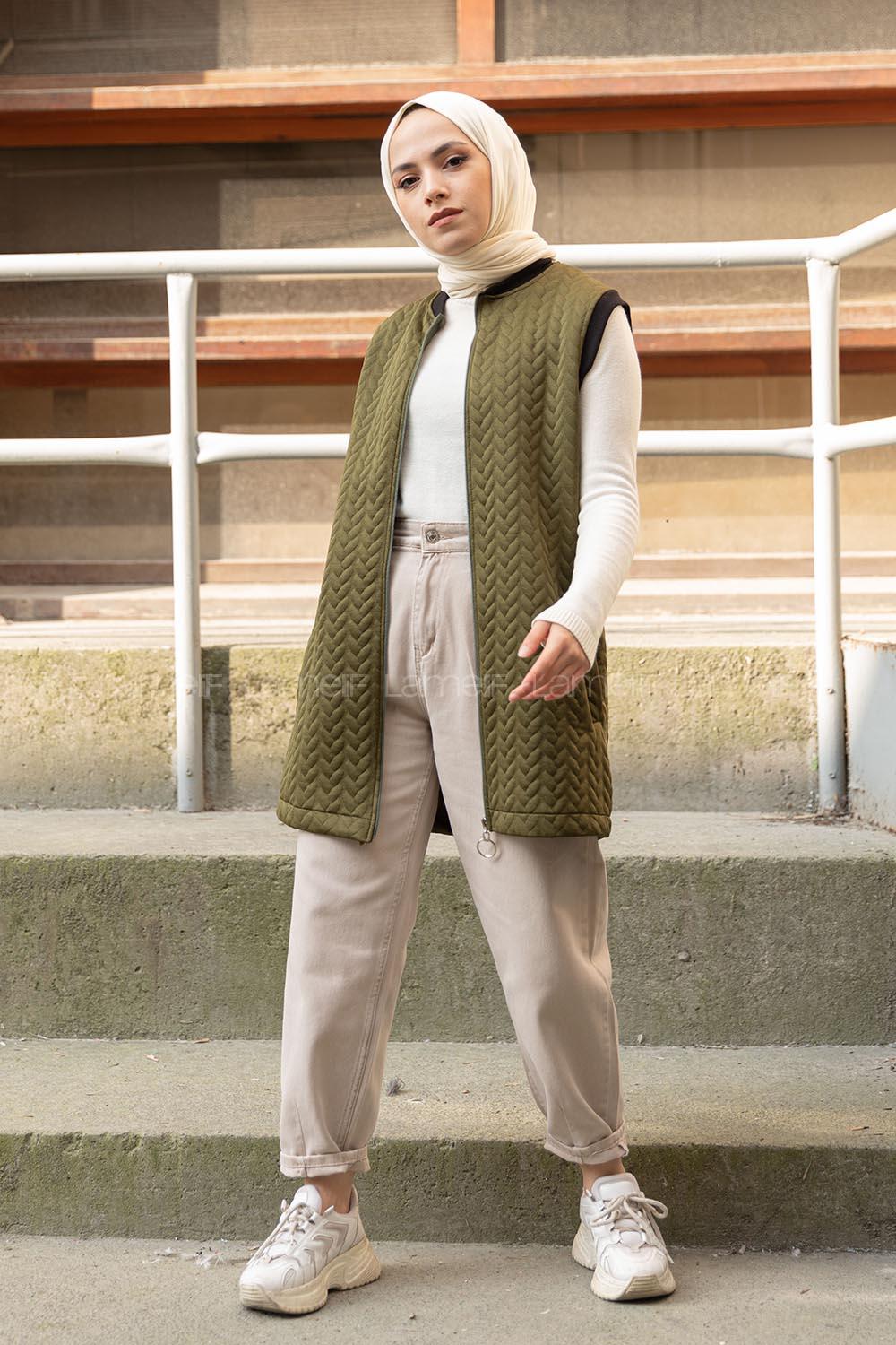 Modalamelif Kapitone Baskı Cepli Yelek Haki