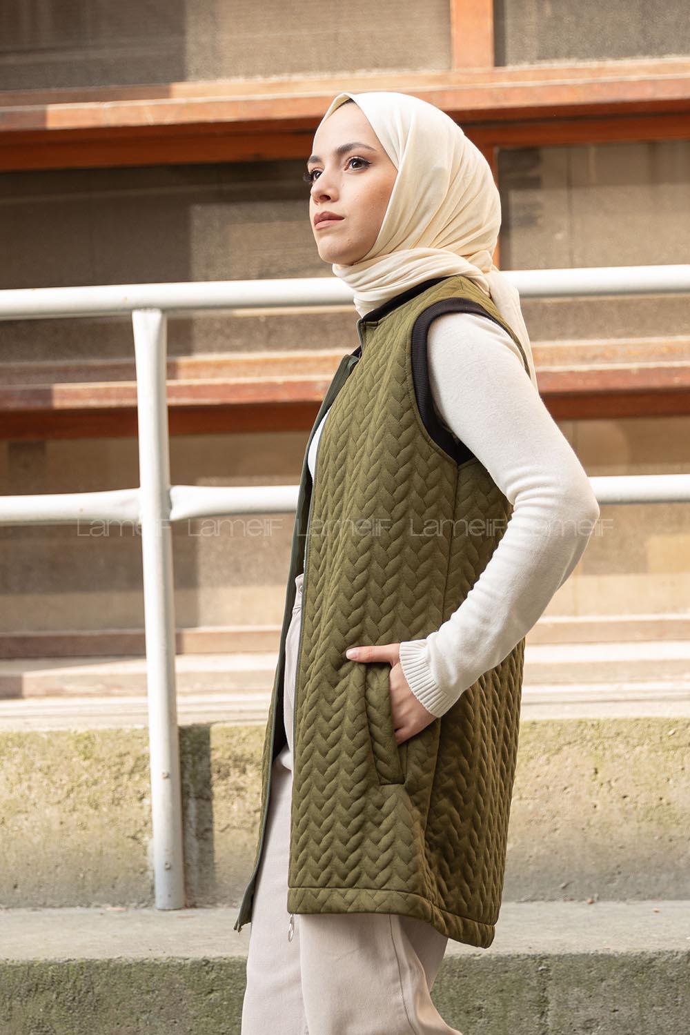 Modalamelif Kapitone Baskı Cepli Yelek Haki