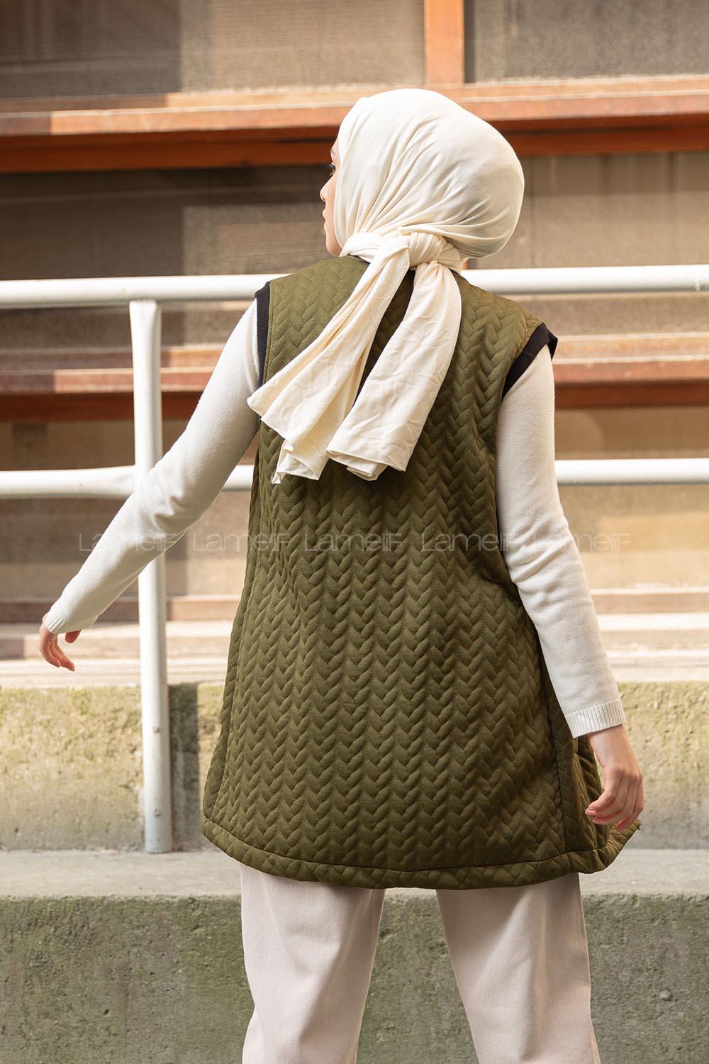 Modalamelif Kapitone Baskı Cepli Yelek Haki