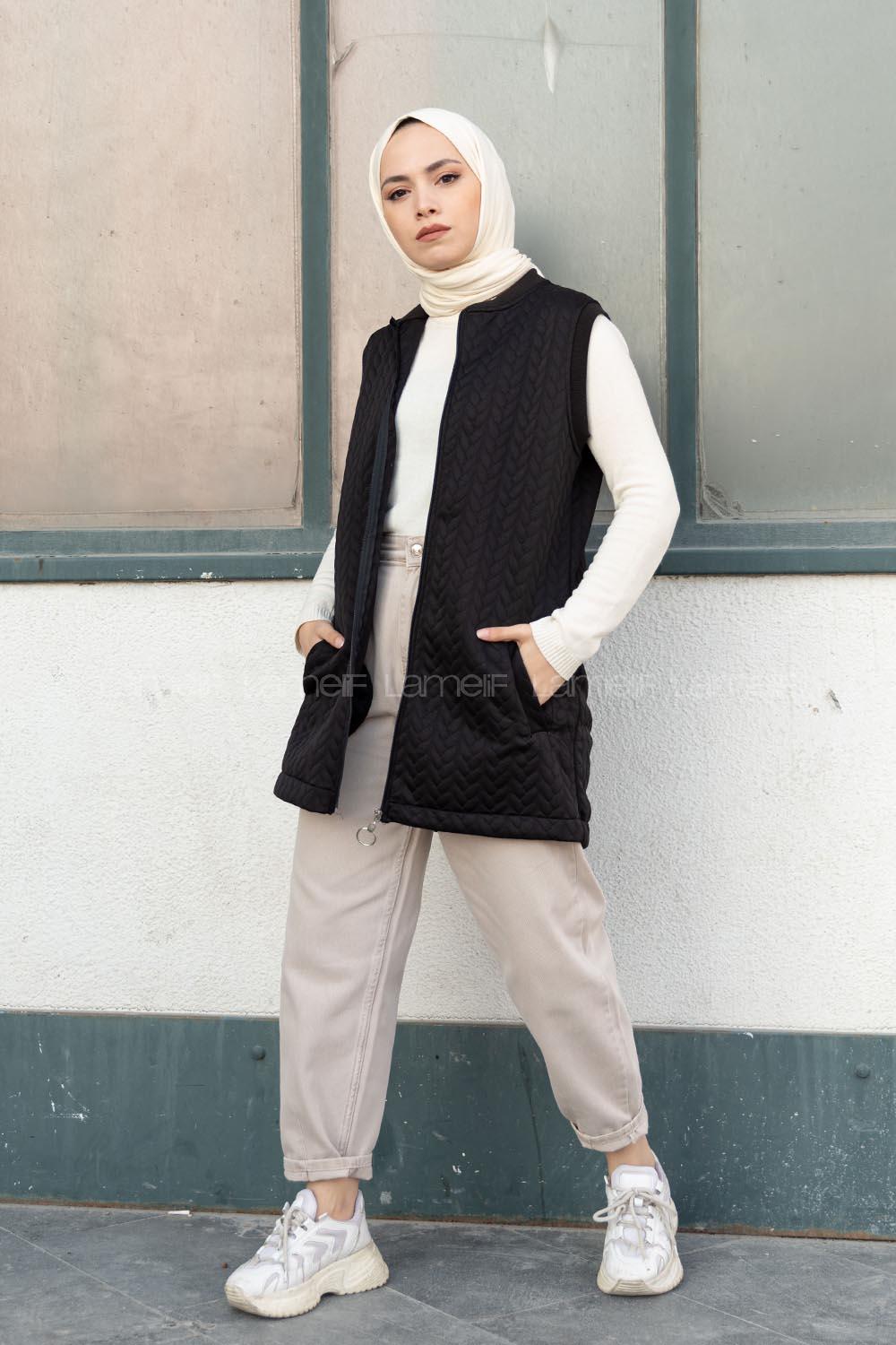 Modalamelif Kapitone Baskı Cepli Yelek Siyah