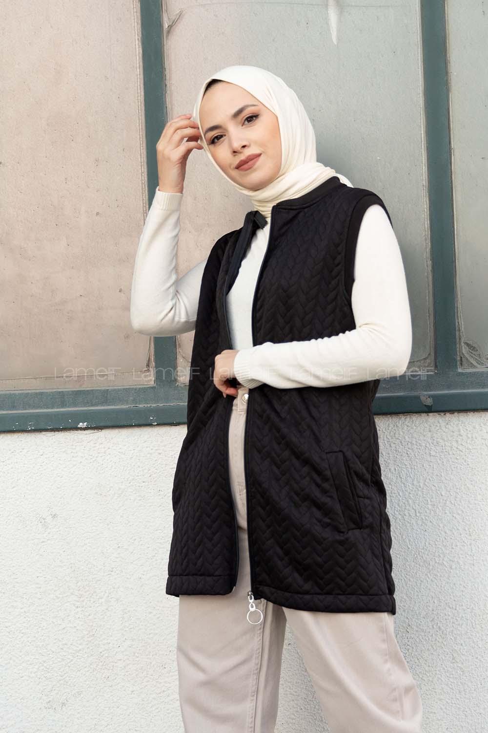 Modalamelif Kapitone Baskı Cepli Yelek Siyah