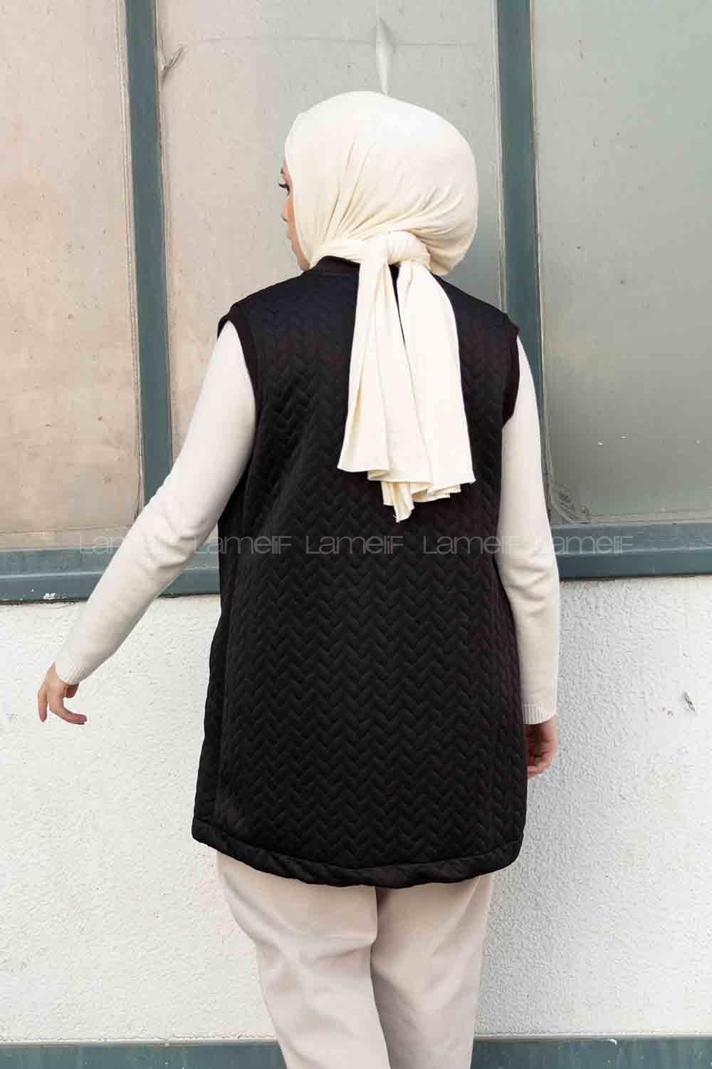 Modalamelif Kapitone Baskı Cepli Yelek Siyah