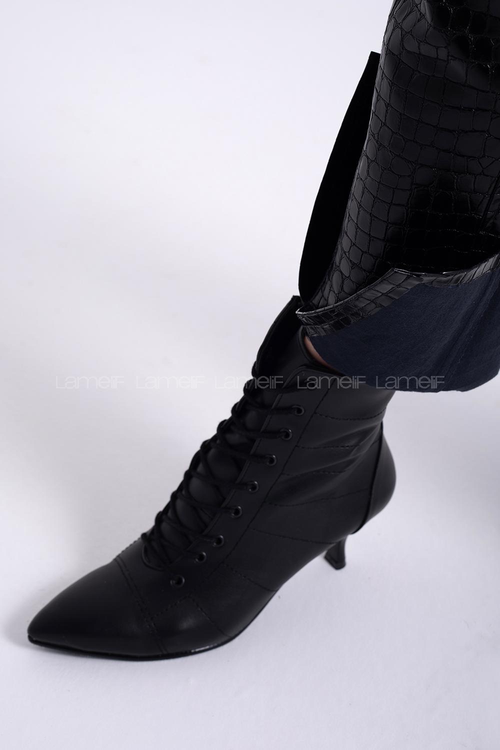 Modalamelif Pino Ökçe Bağcıklı Deri Bot Siyah