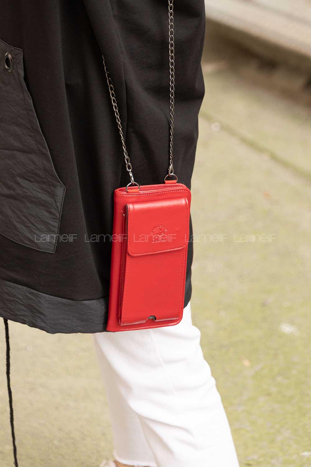 Modalamelif Zincir  Askılı Cüzdan Çanta Bordo