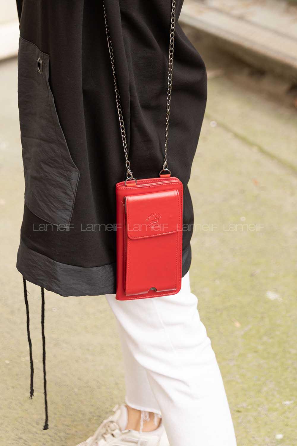 Modalamelif Zincir  Askılı Cüzdan Çanta Bordo