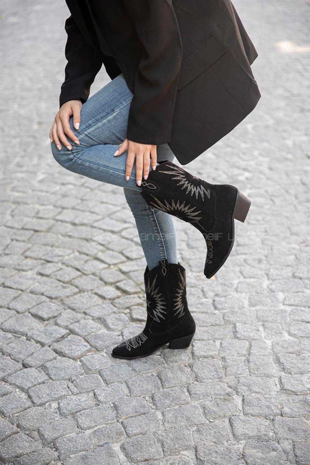 Modalamelif Nakışlı Dallas Süet Siyah Çizme