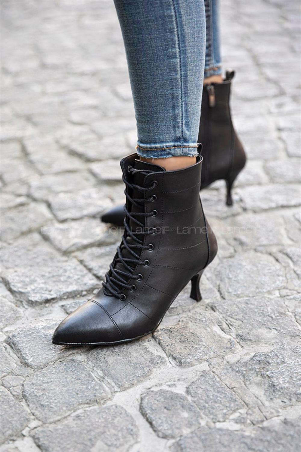 Modalamelif Pino Ökçe Bağcıklı Deri Bot Siyah